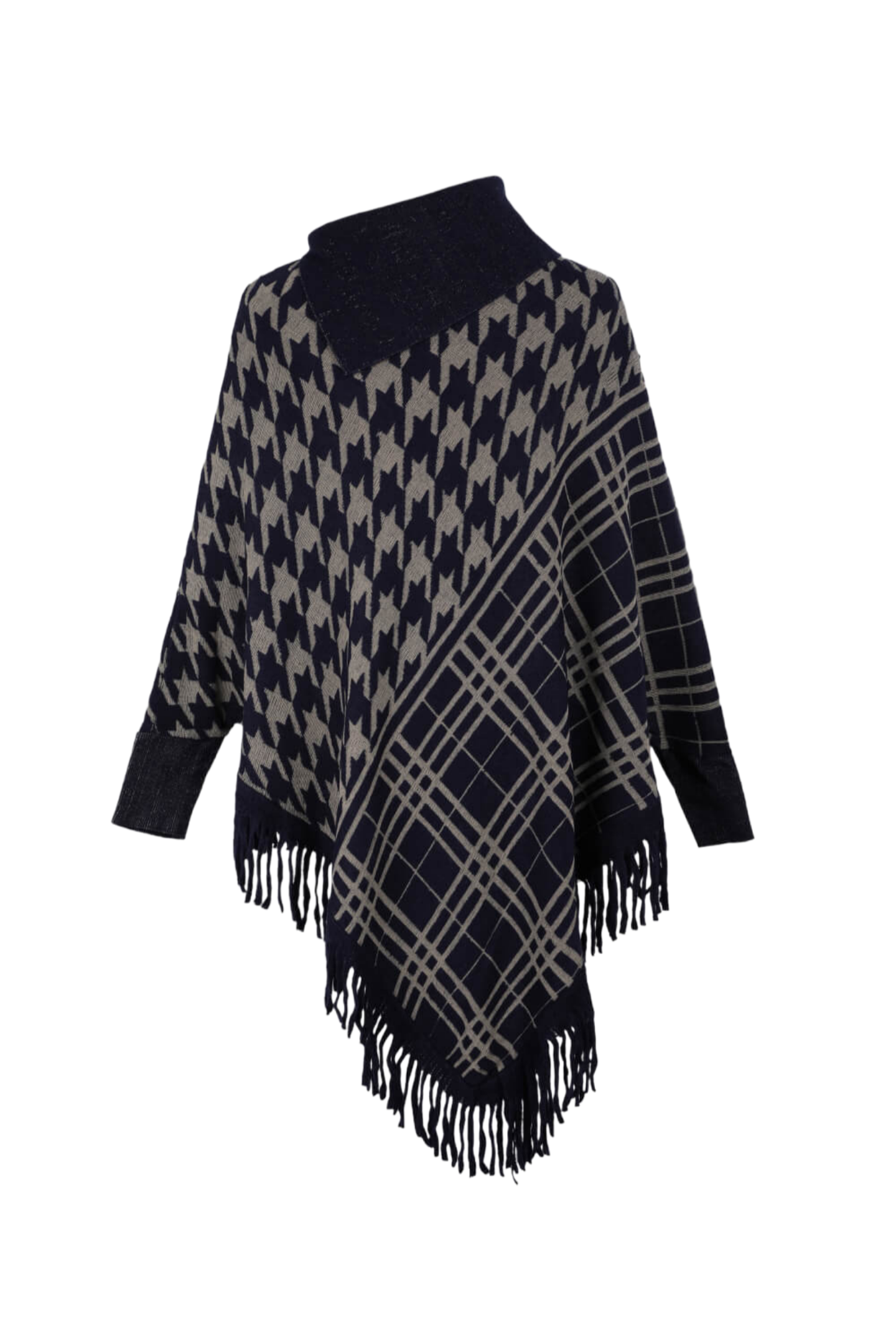 Houndstooth Turtleneck Fringe Hem Poncho