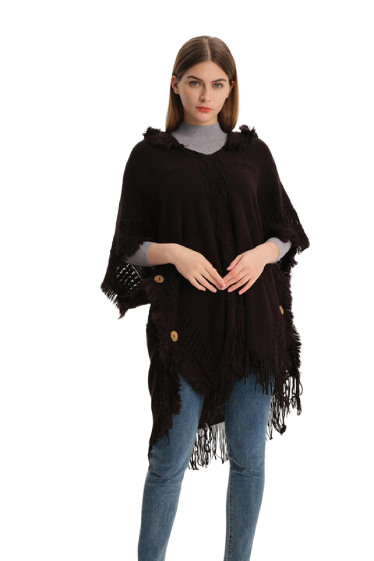 Fringe Hem Hooded Poncho