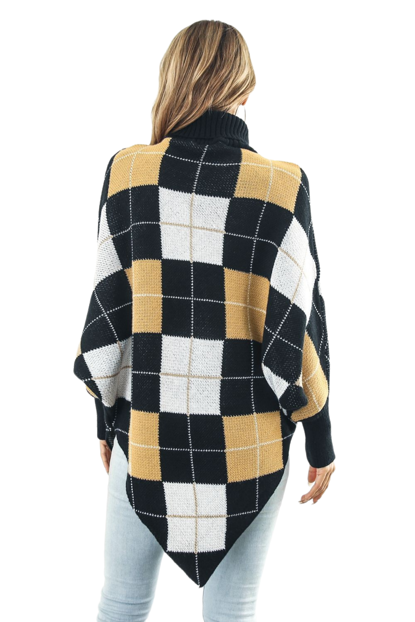 Plaid Turtleneck Dolman Sleeve Poncho