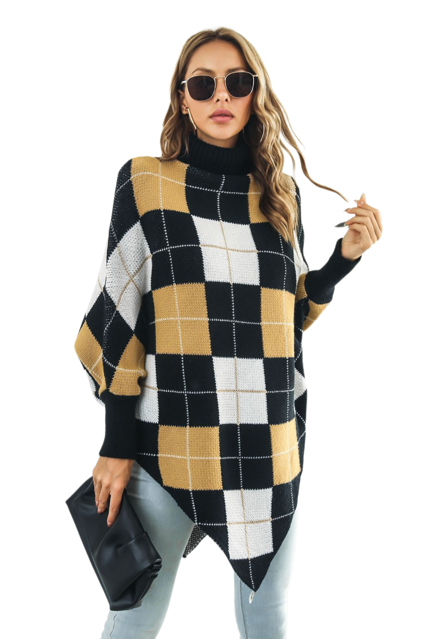 Plaid Turtleneck Dolman Sleeve Poncho