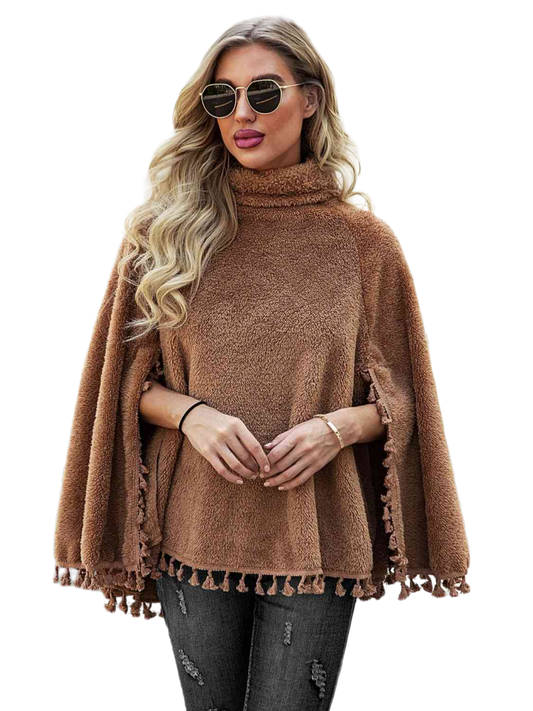 Full Size Turtleneck Tassel Hem Poncho