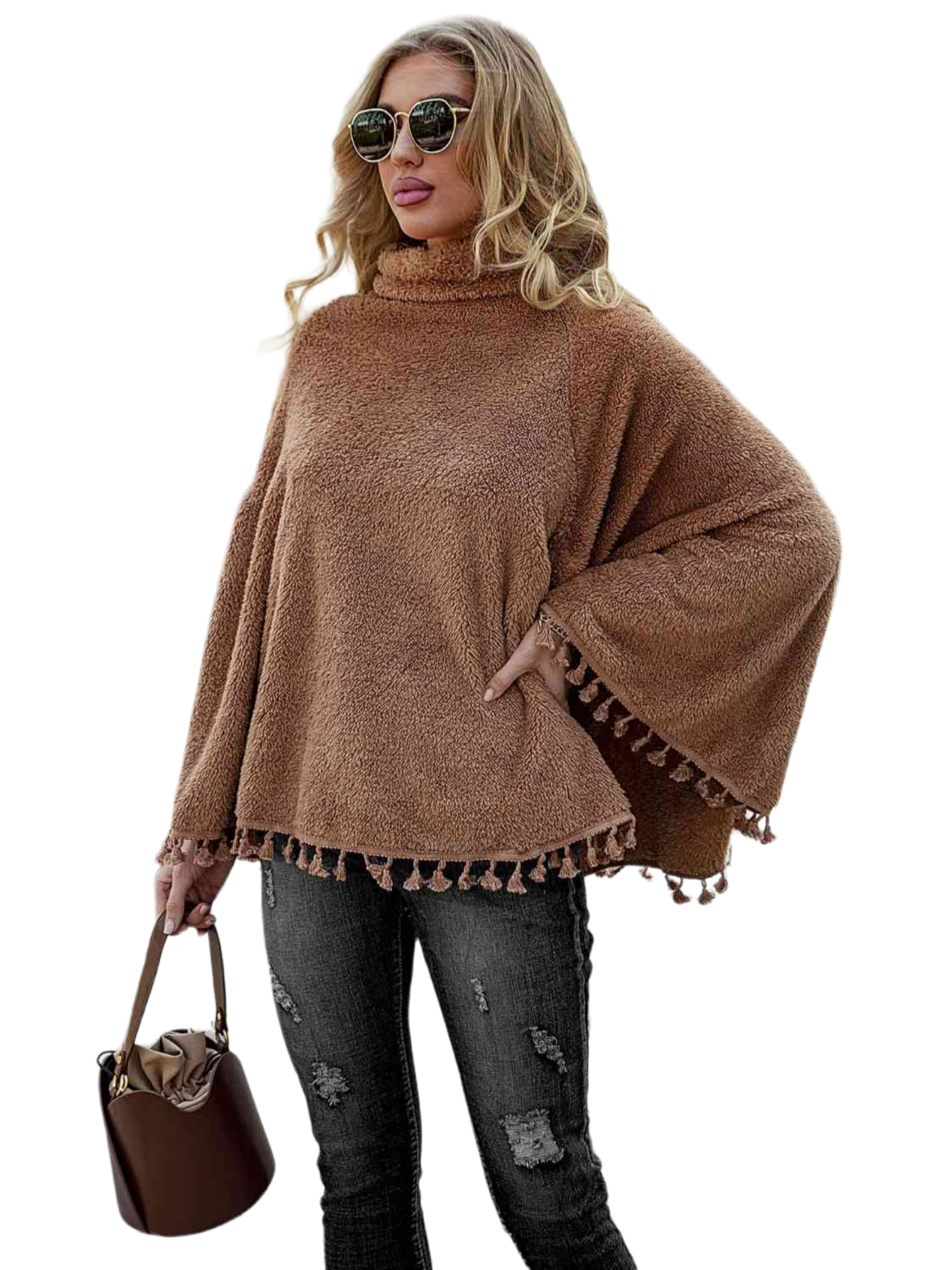 Full Size Turtleneck Tassel Hem Poncho