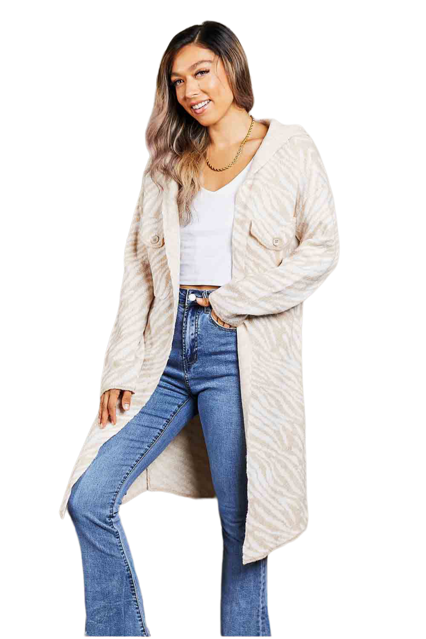 Double Take Printed Open Front Hooded Longline Cardigan