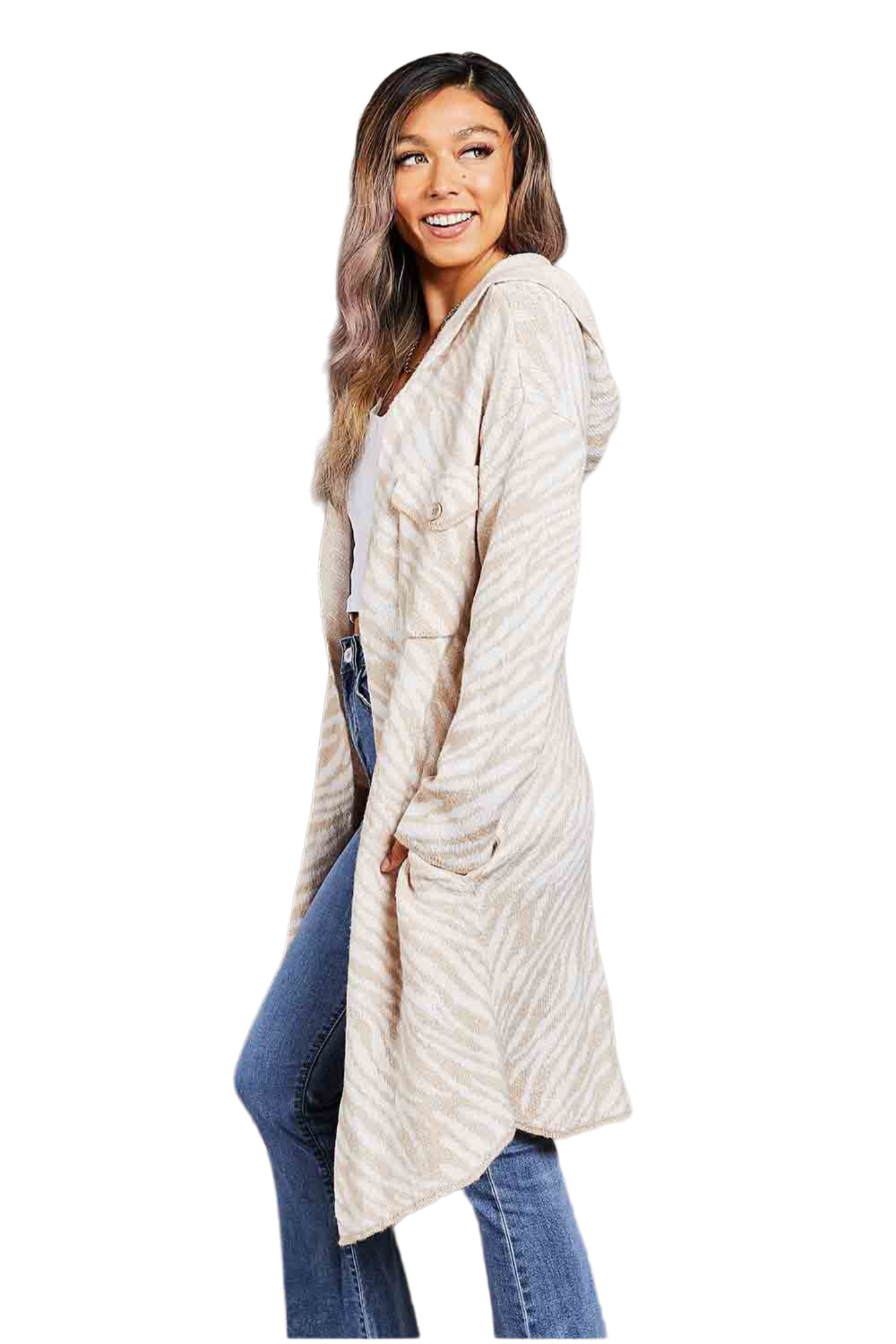 Double Take Printed Open Front Hooded Longline Cardigan