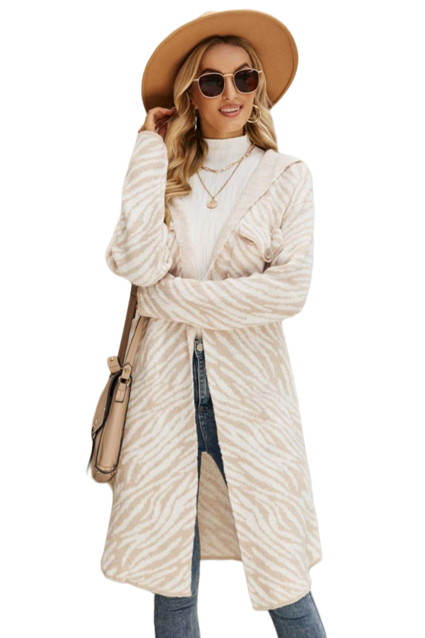 Double Take Printed Open Front Hooded Longline Cardigan