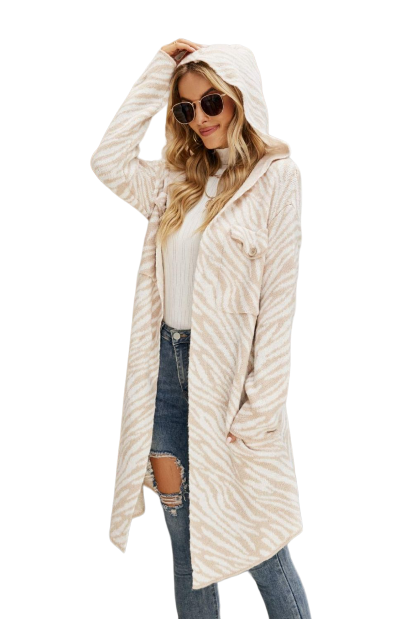 Double Take Printed Open Front Hooded Longline Cardigan