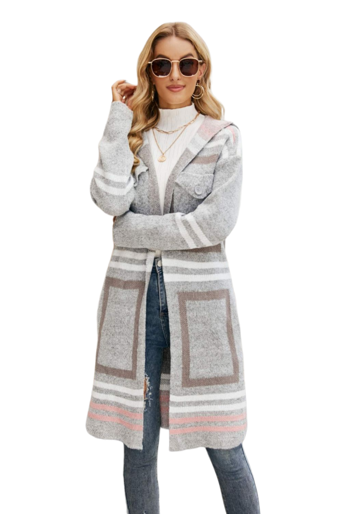 Double Take Printed Open Front Hooded Longline Cardigan