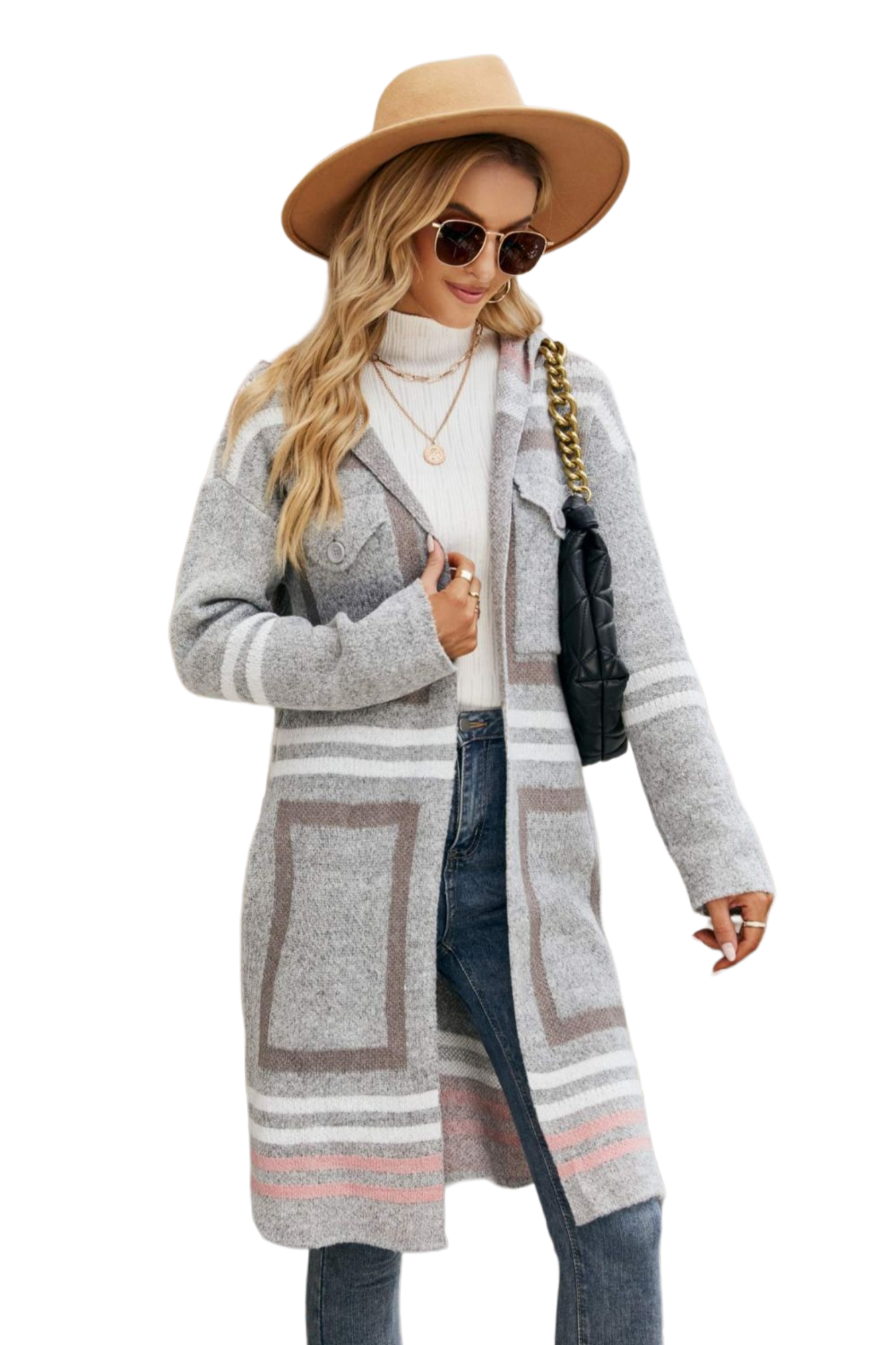 Double Take Printed Open Front Hooded Longline Cardigan