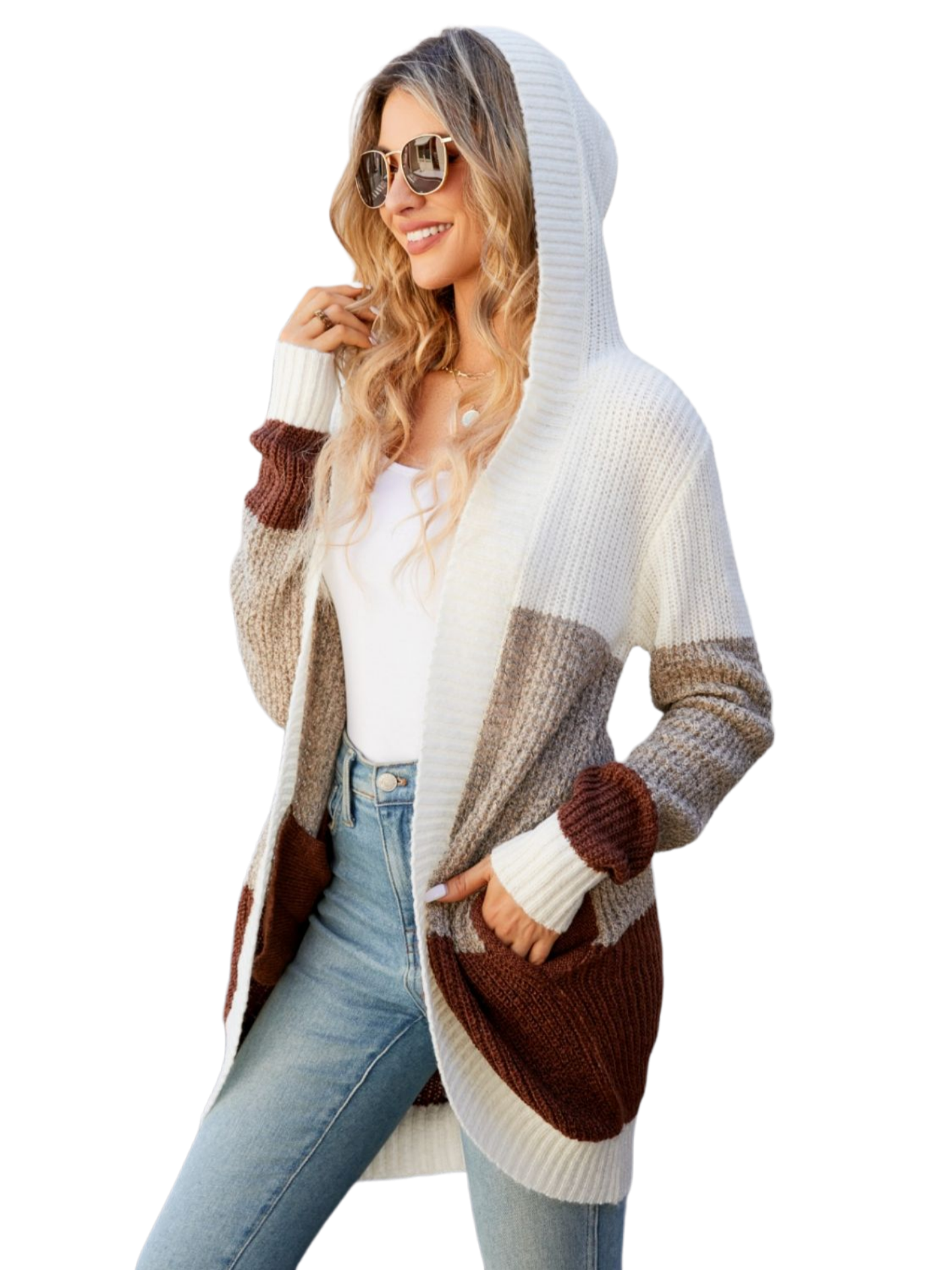 Color Block Open Front Hooded Cardigan