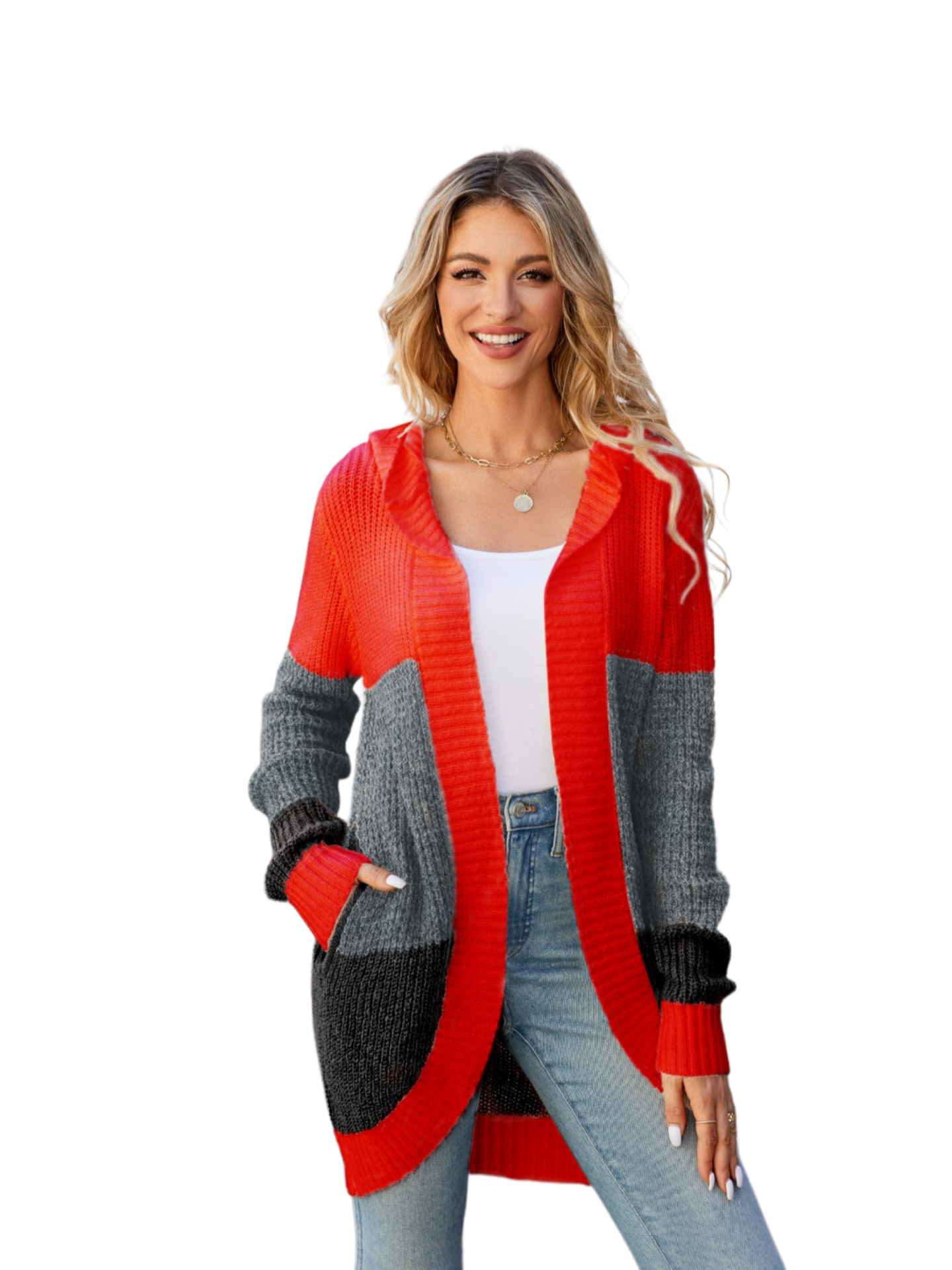 Color Block Open Front Hooded Cardigan