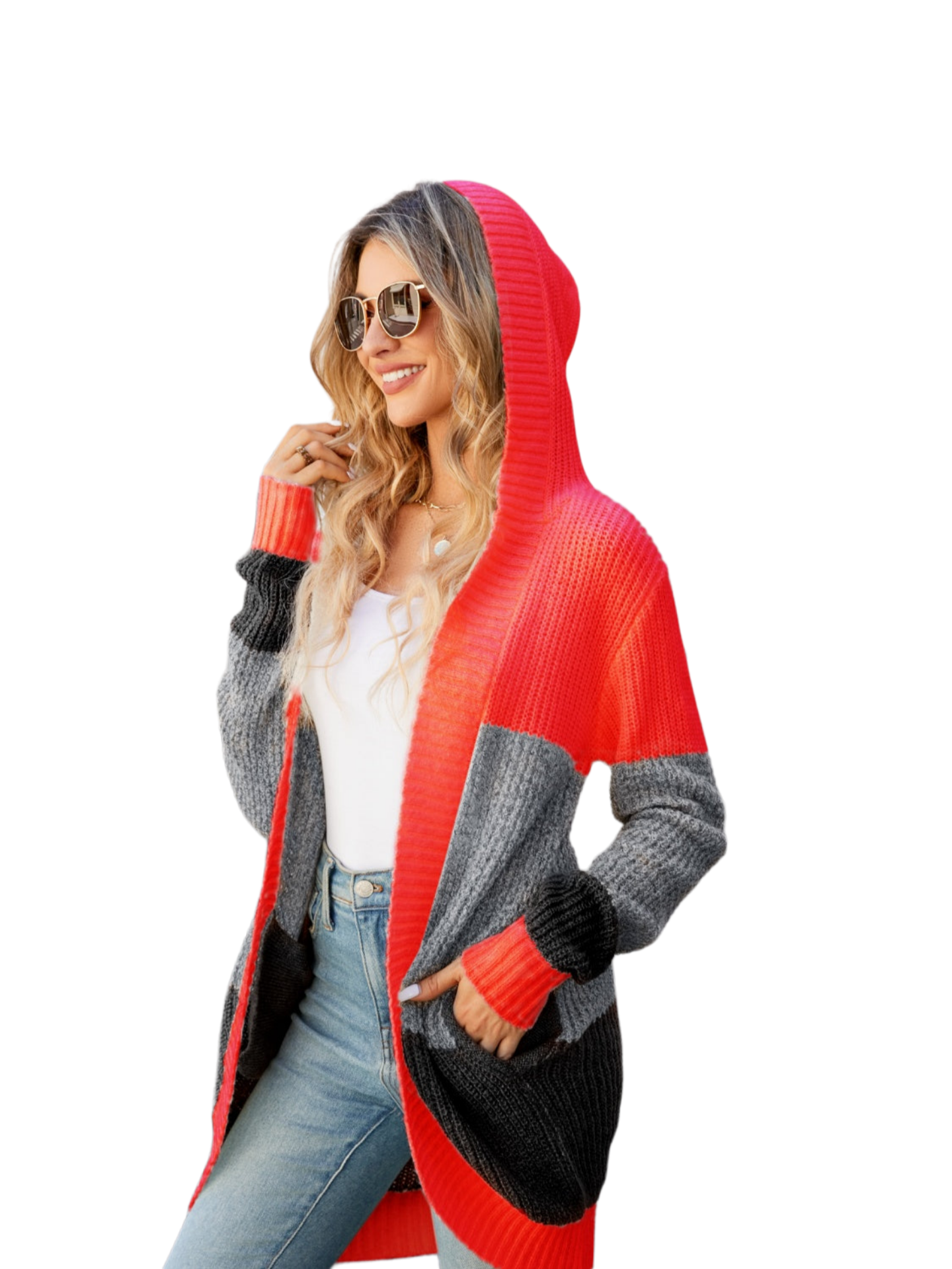 Color Block Open Front Hooded Cardigan