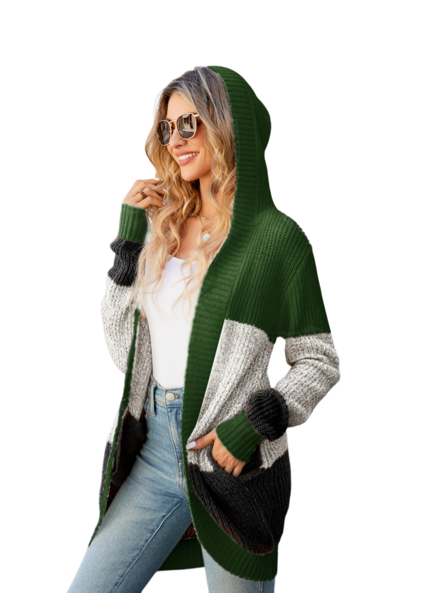 Color Block Open Front Hooded Cardigan