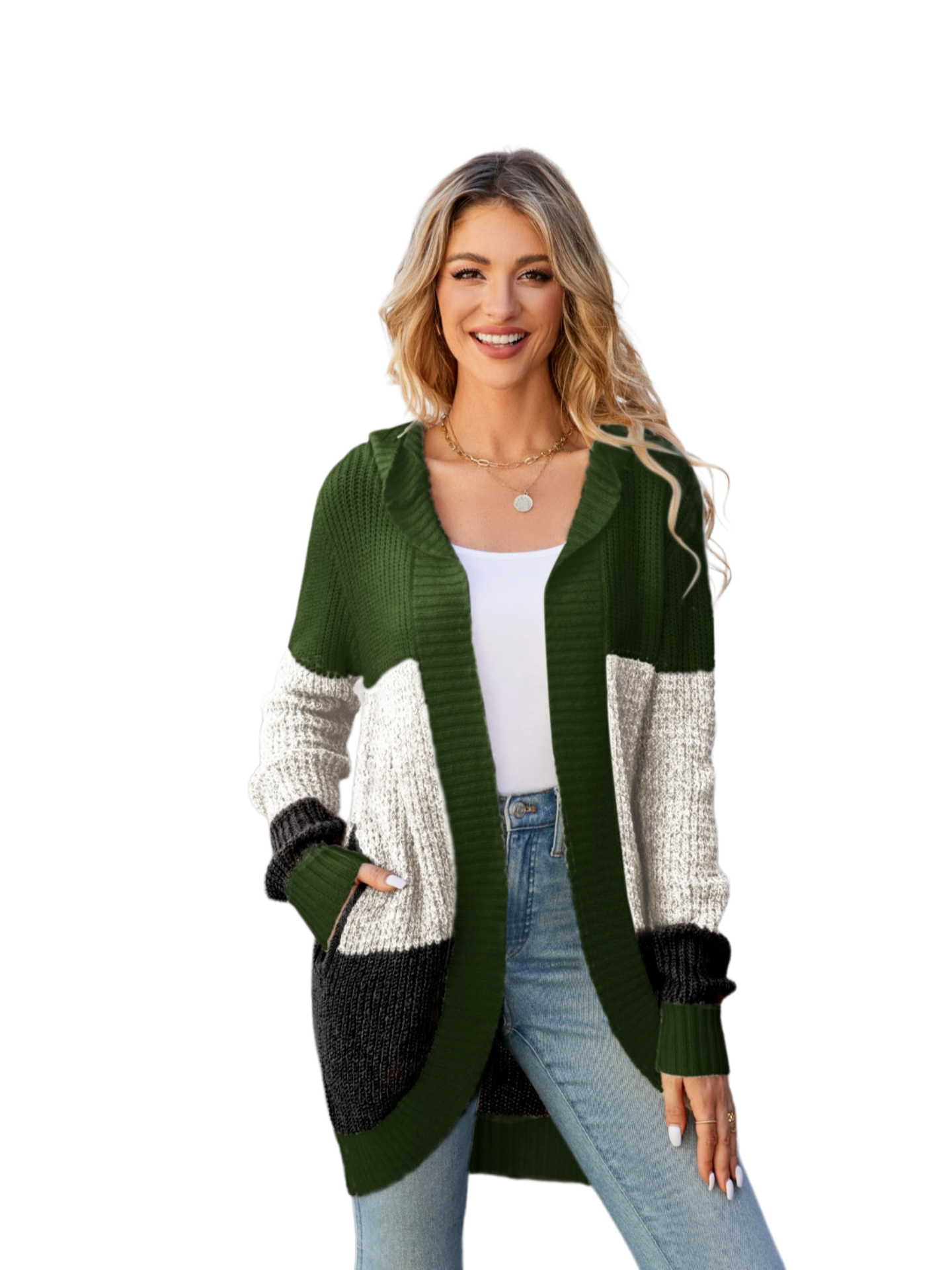 Color Block Open Front Hooded Cardigan