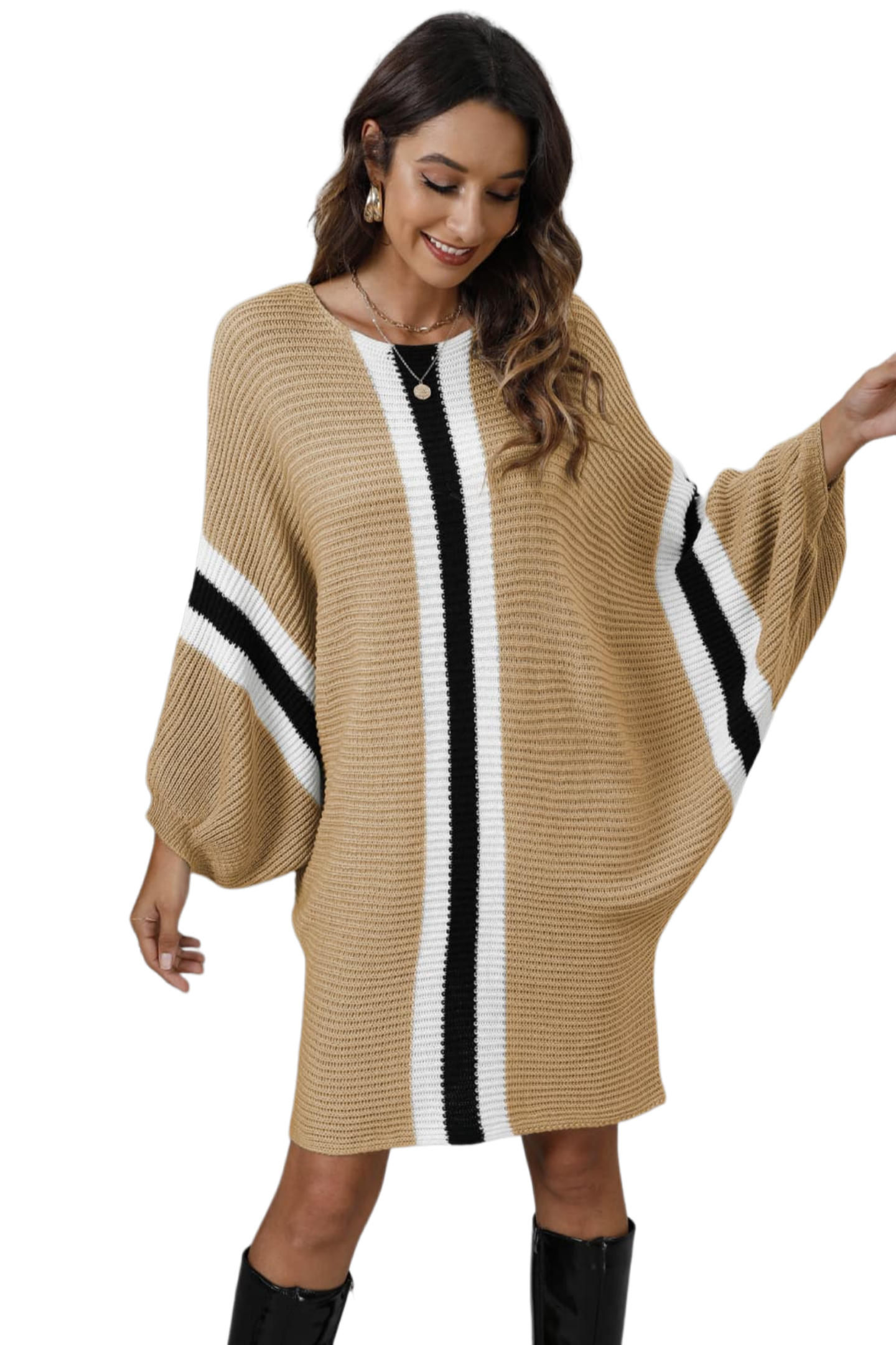 Ribbed Round Neck Long Sleeve Sweater Dress