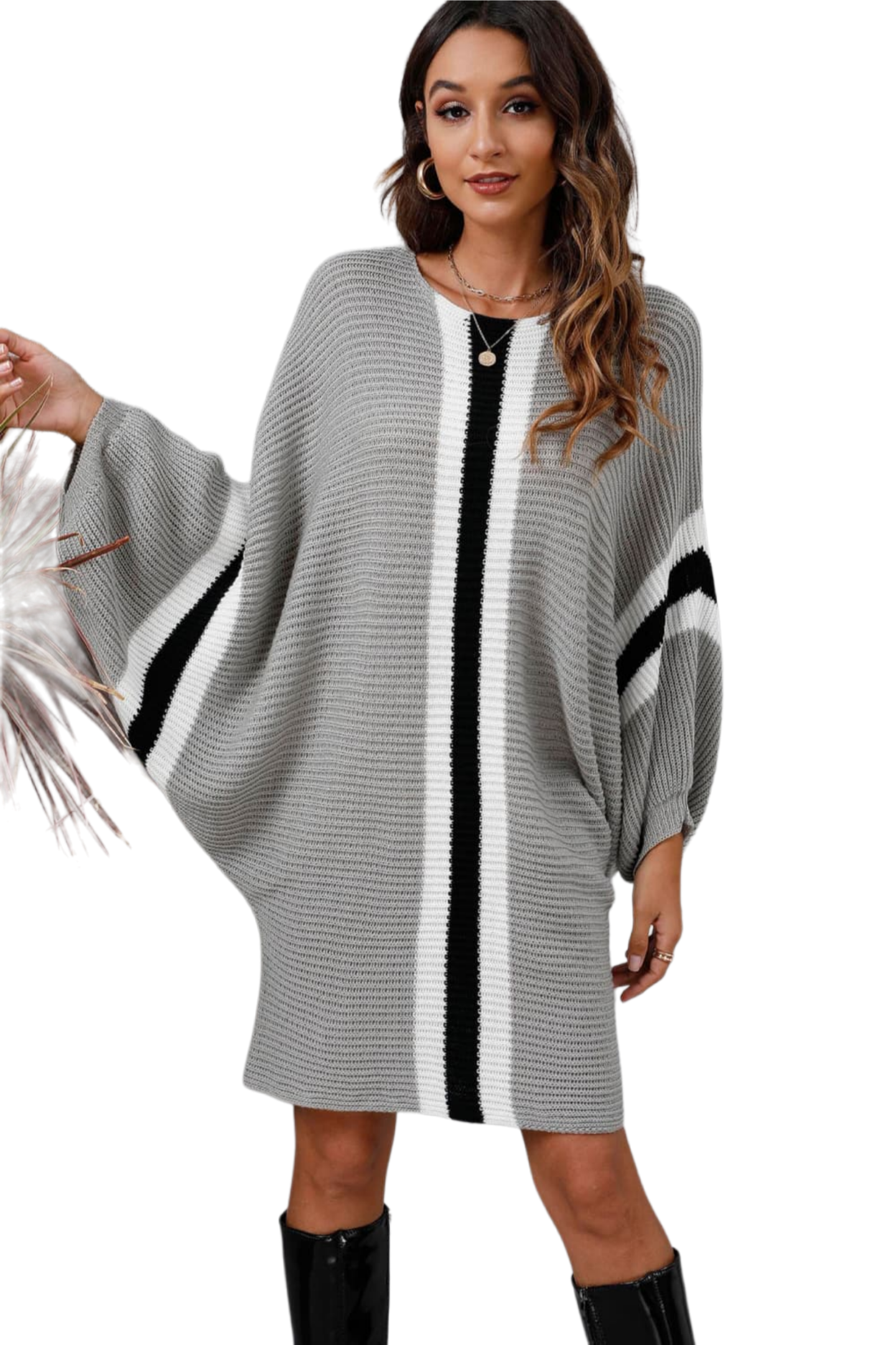 Ribbed Round Neck Long Sleeve Sweater Dress