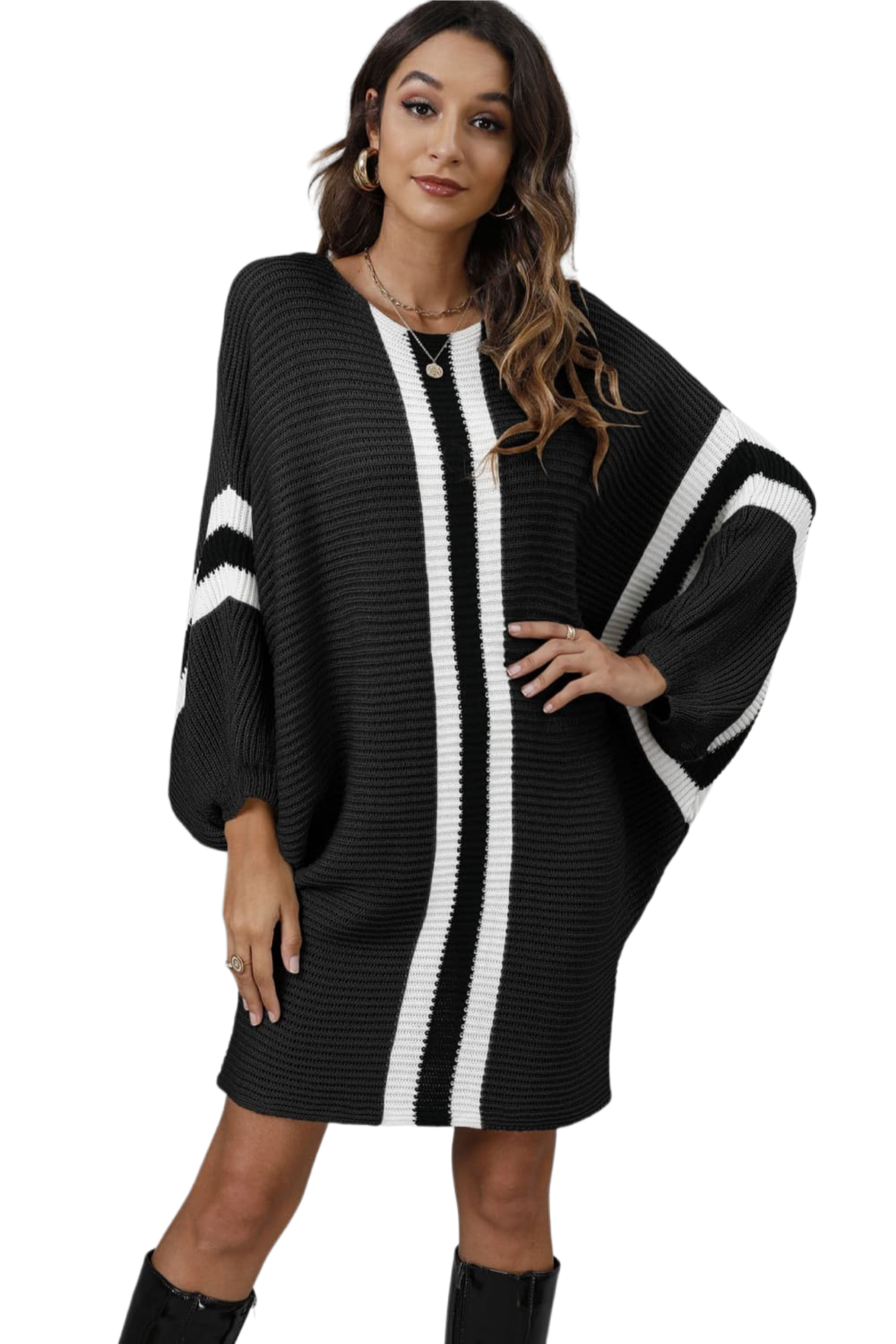 Ribbed Round Neck Long Sleeve Sweater Dress