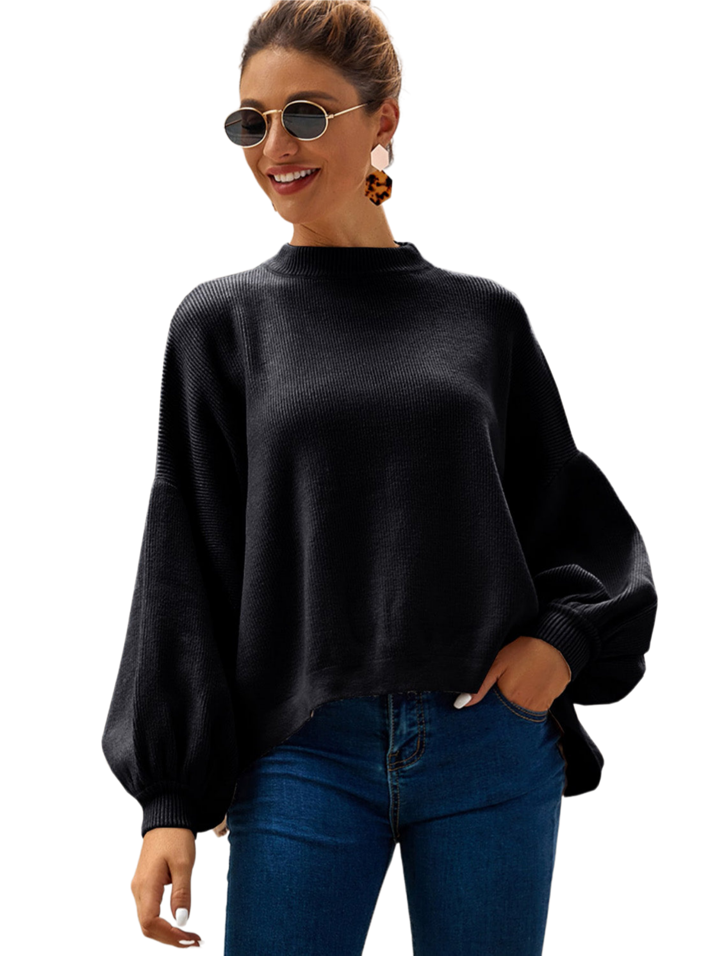 Round Neck Dropped Shoulder Lantern Sleeve Sweater