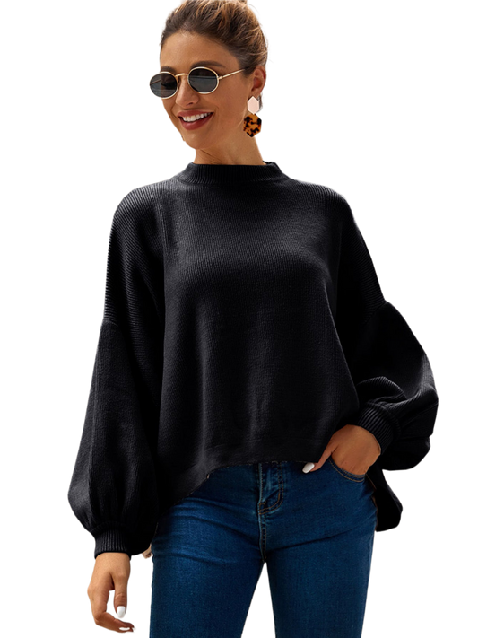 Round Neck Dropped Shoulder Lantern Sleeve Sweater