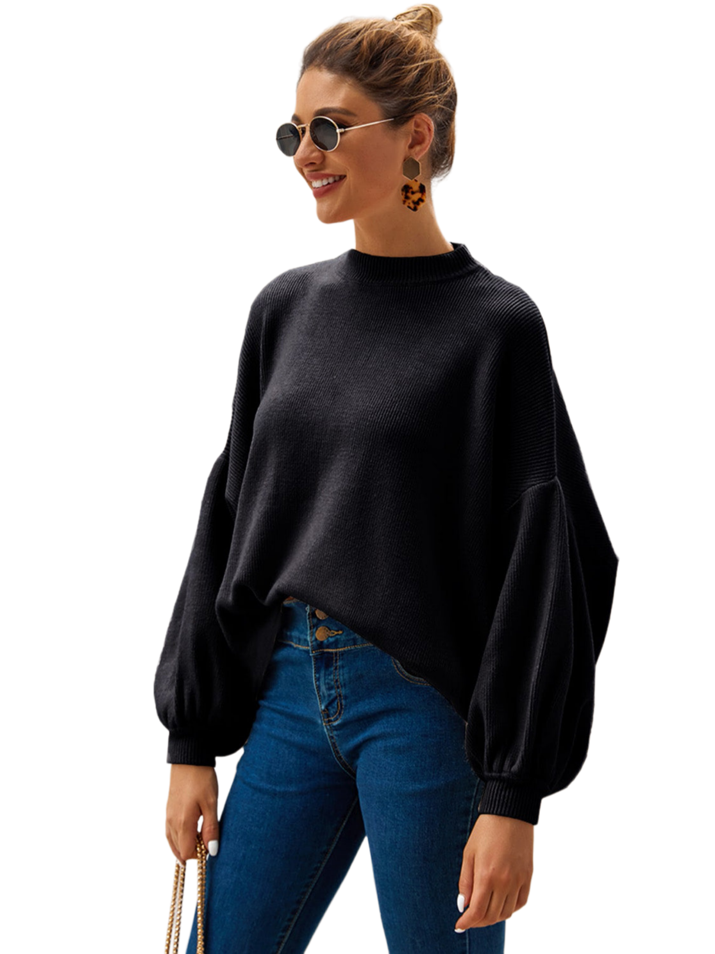 Round Neck Dropped Shoulder Lantern Sleeve Sweater