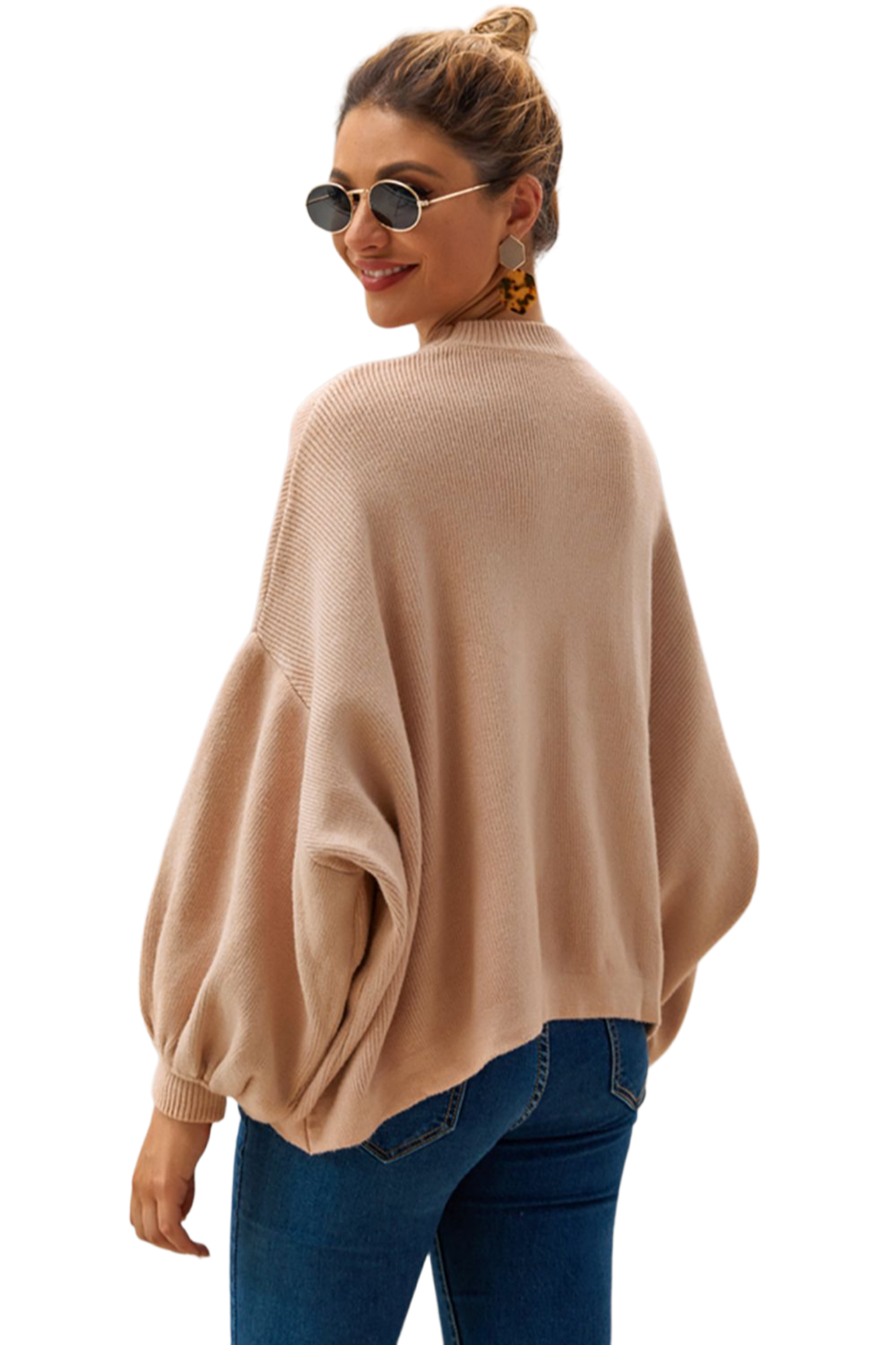 Round Neck Dropped Shoulder Lantern Sleeve Sweater