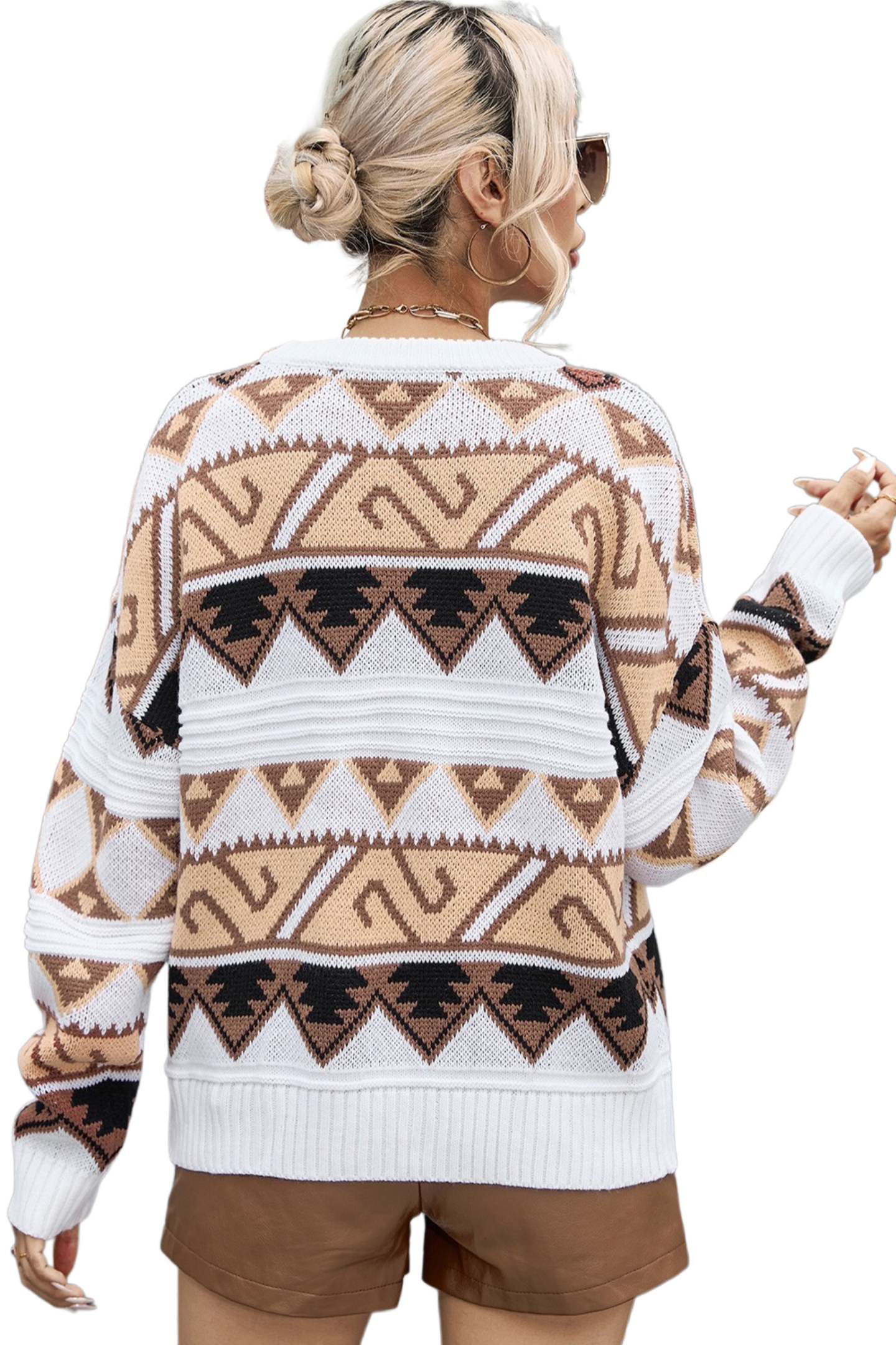 Geometric Round Neck Dropped Shoulder Sweater