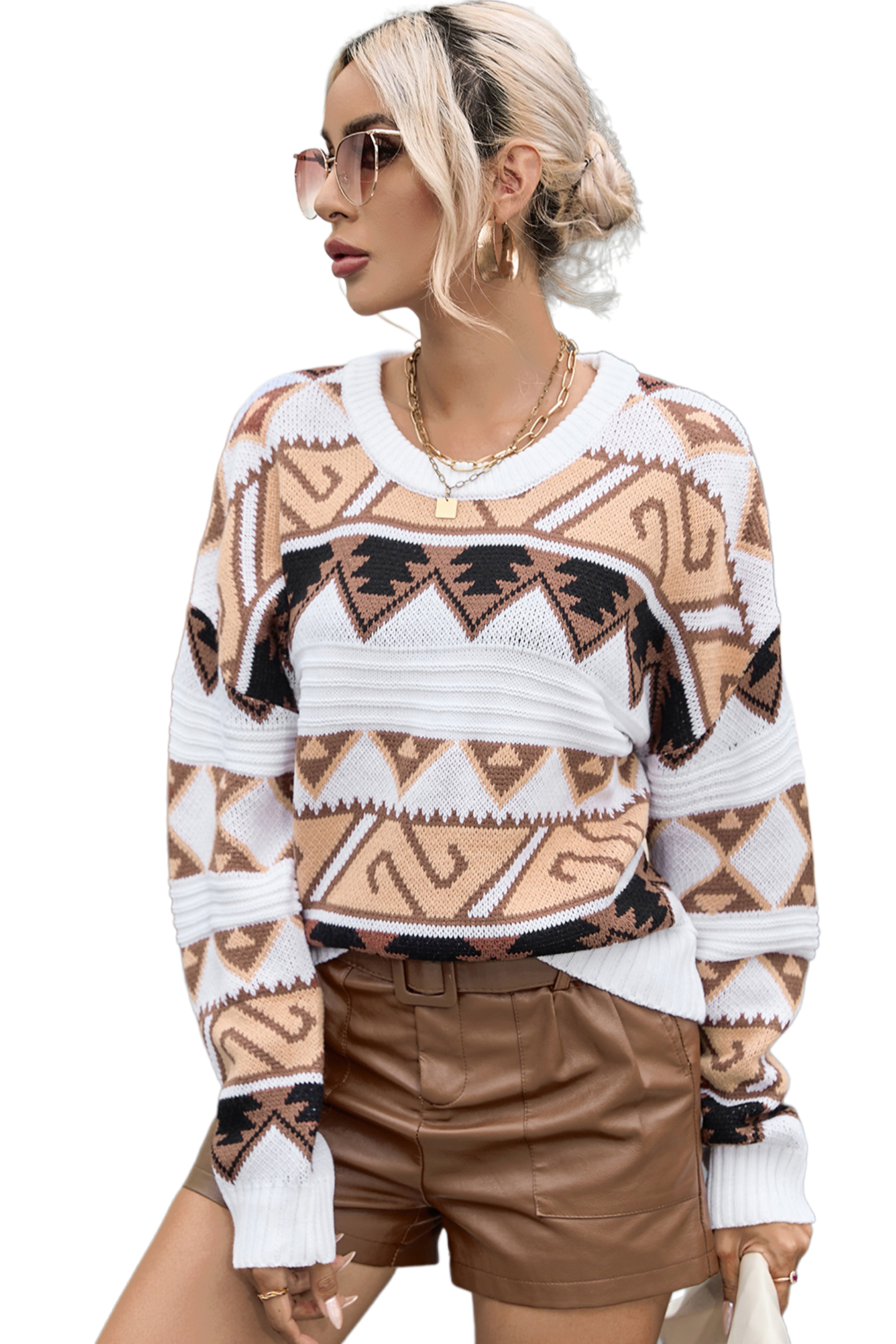 Geometric Round Neck Dropped Shoulder Sweater