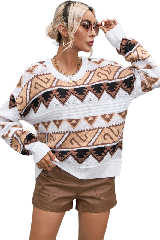 Geometric Round Neck Dropped Shoulder Sweater