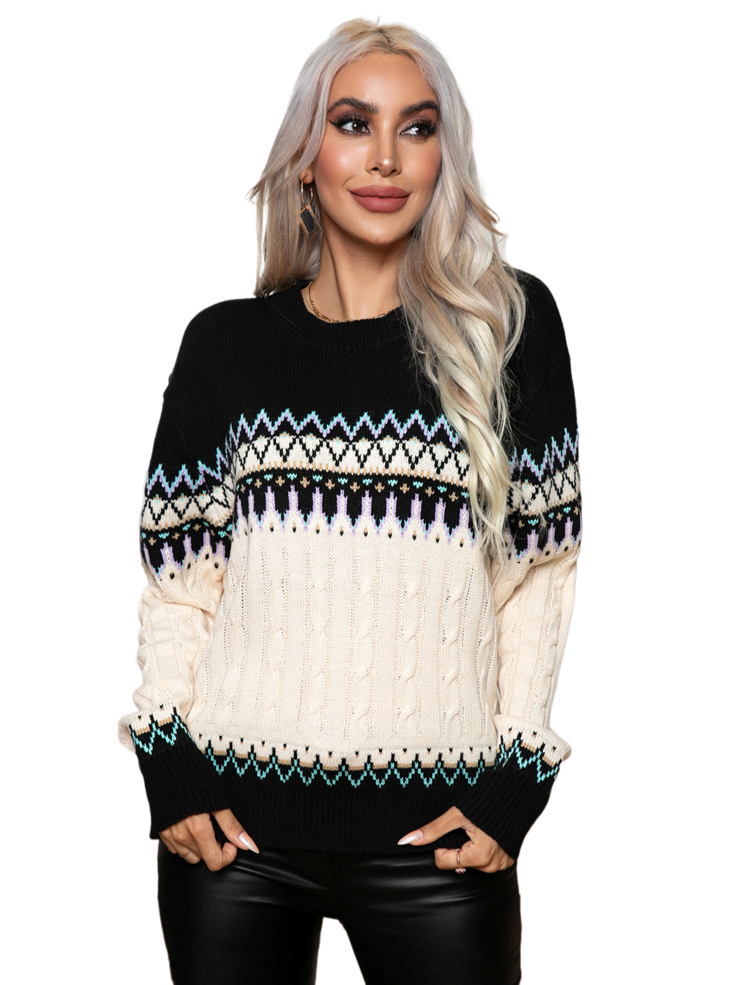 Round Neck Cable-Knit Sweater