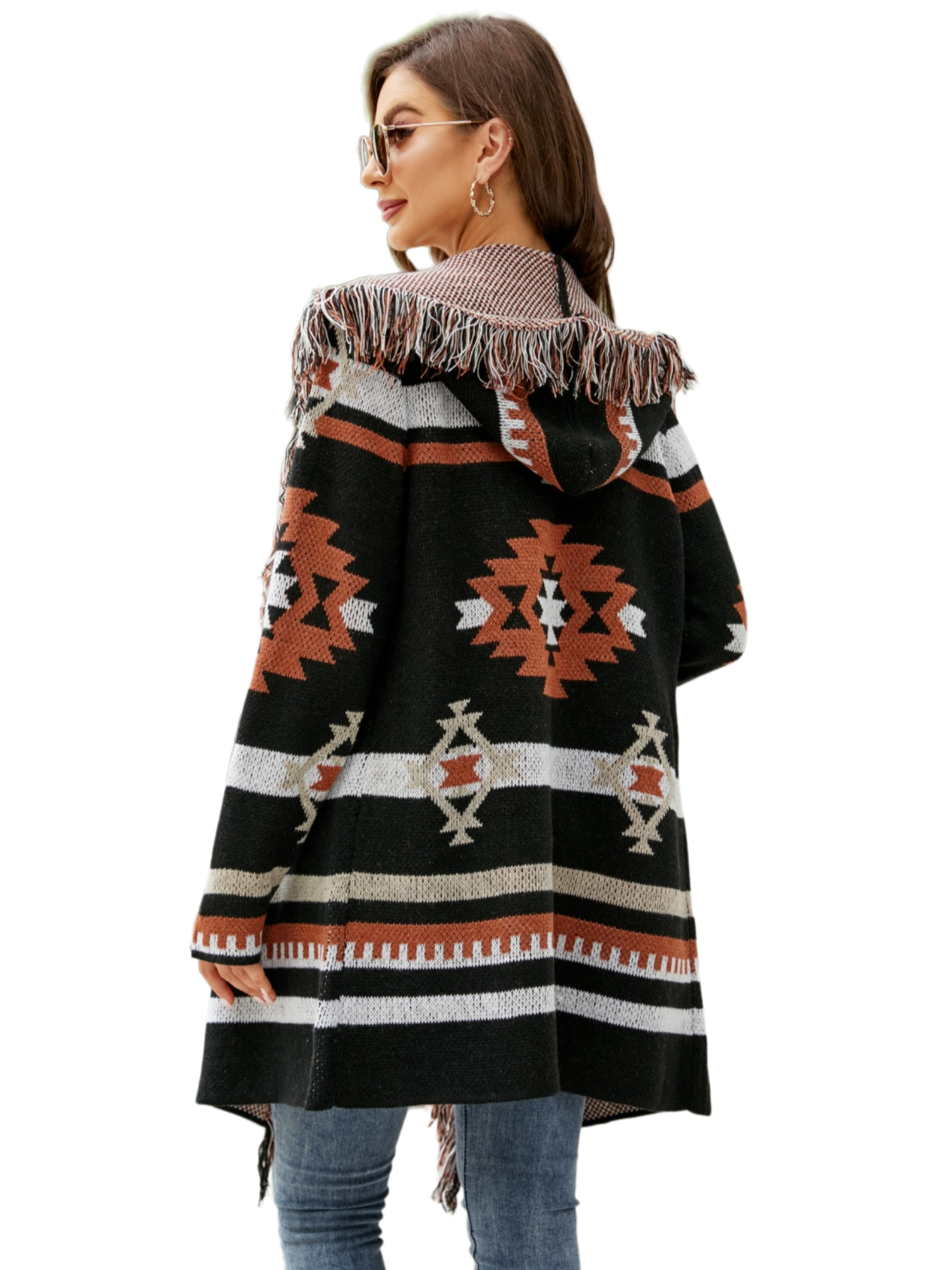 Fringe Geometric Hooded Long Sleeve Cardigan