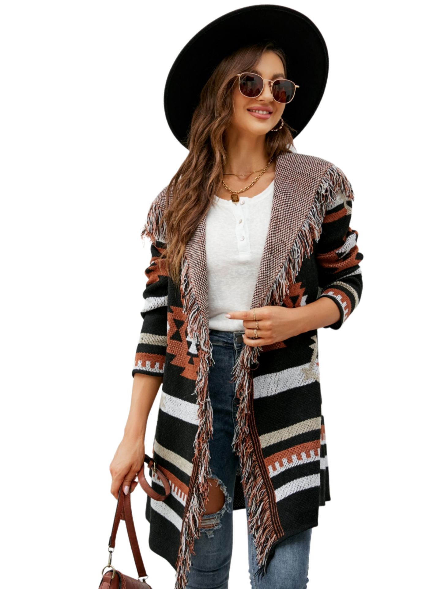 Fringe Geometric Hooded Long Sleeve Cardigan