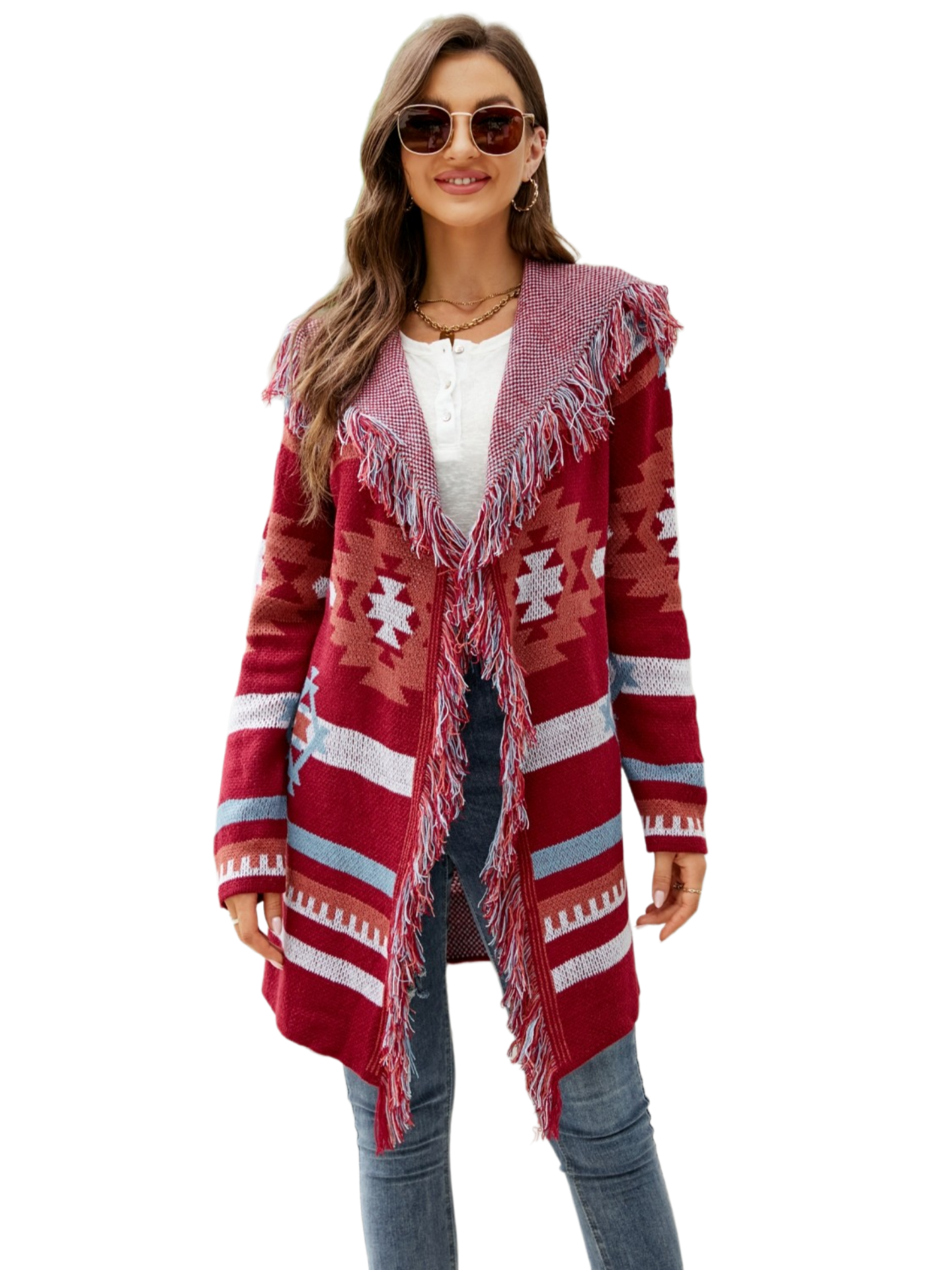 Fringe Geometric Hooded Long Sleeve Cardigan