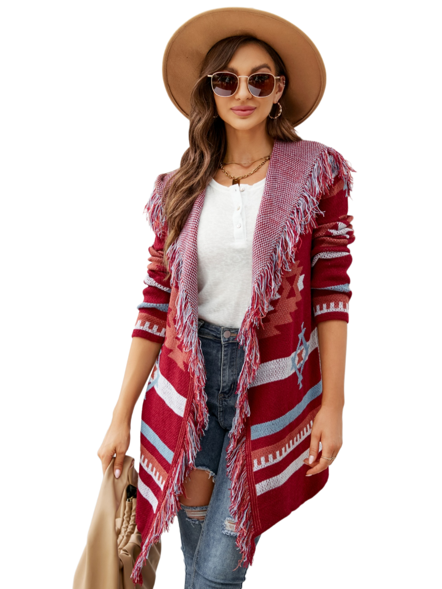 Fringe Geometric Hooded Long Sleeve Cardigan