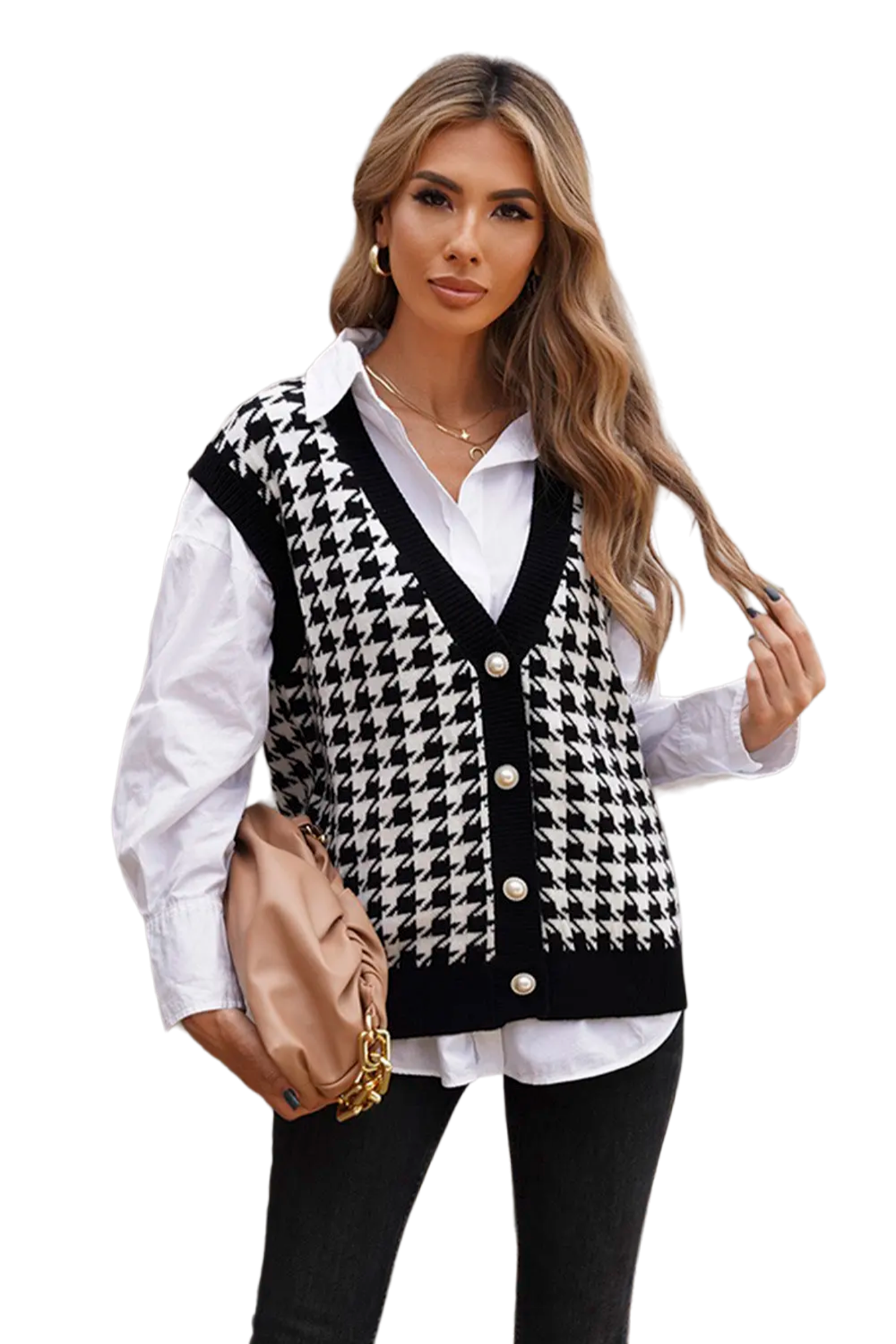 Houndstooth Button Front Sweater Vest