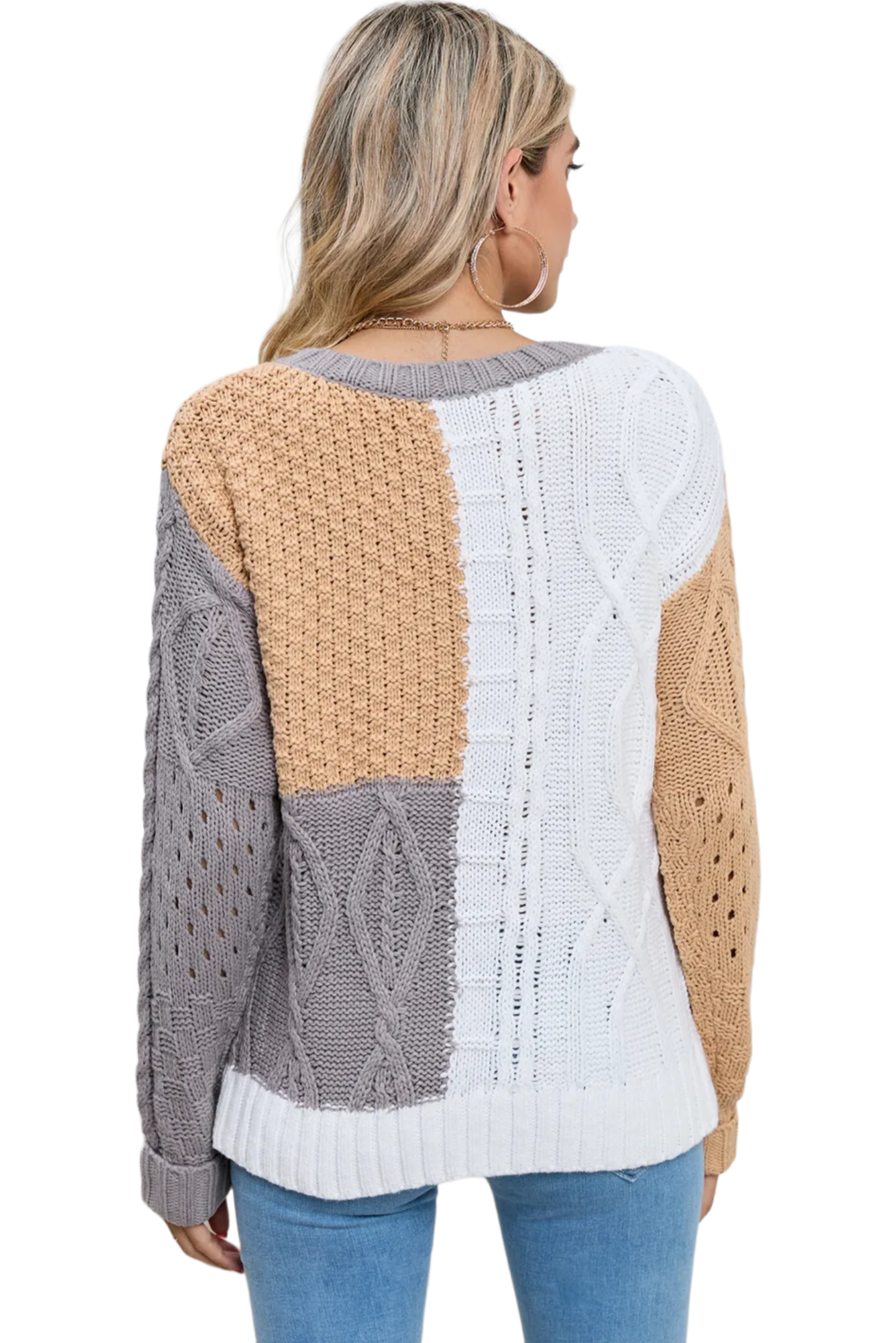 Cable-Knit Openwork Round Neck Color Block Sweater