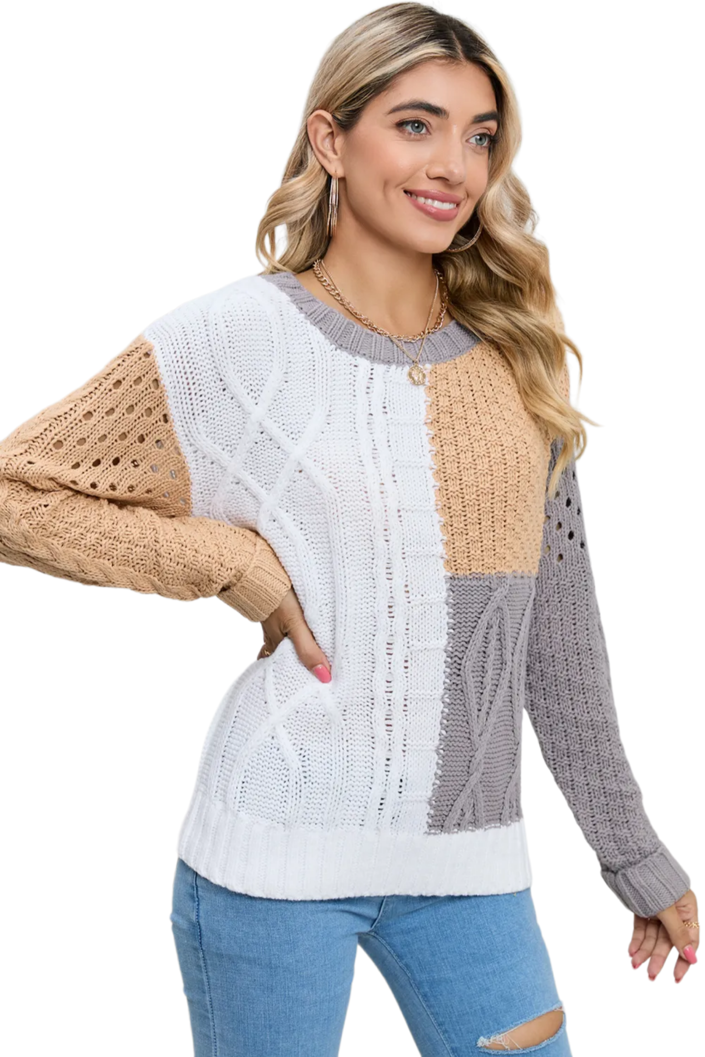 Cable-Knit Openwork Round Neck Color Block Sweater