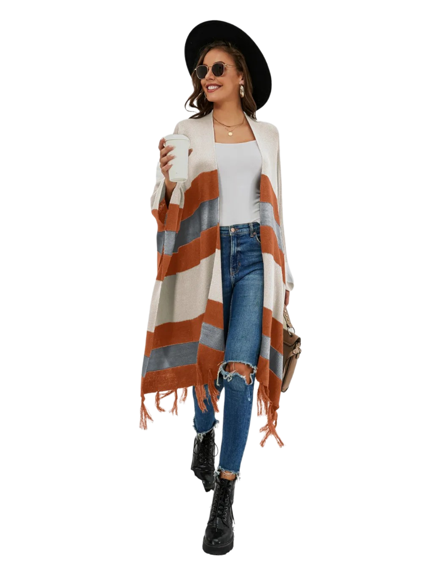 Striped Open Front Fringe Cardigan