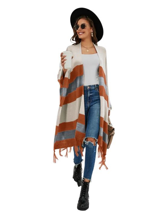 Striped Open Front Fringe Cardigan