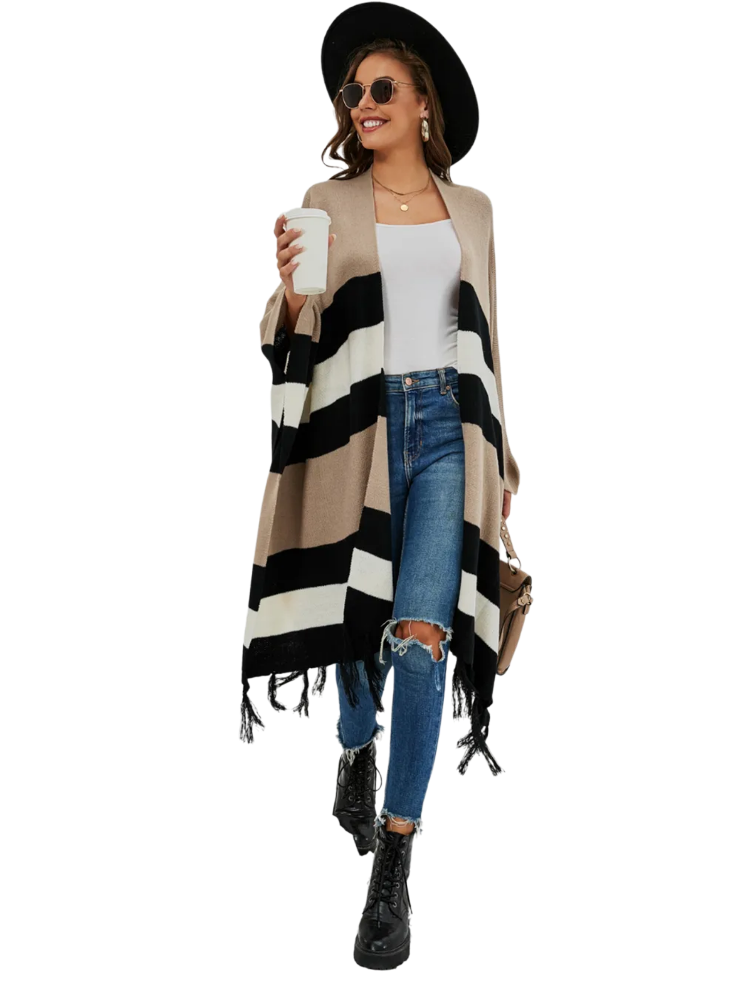 Striped Open Front Fringe Cardigan