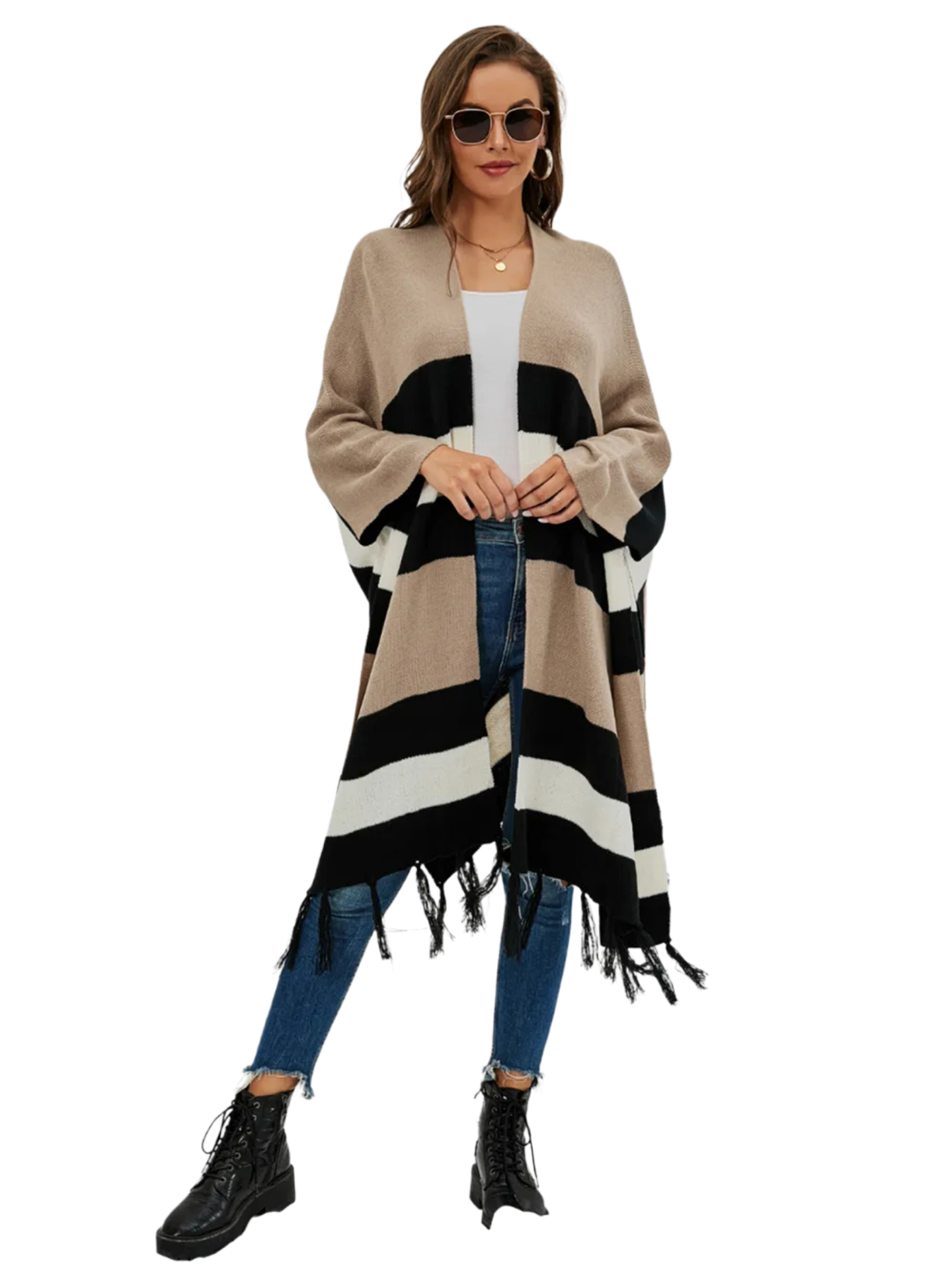 Striped Open Front Fringe Cardigan