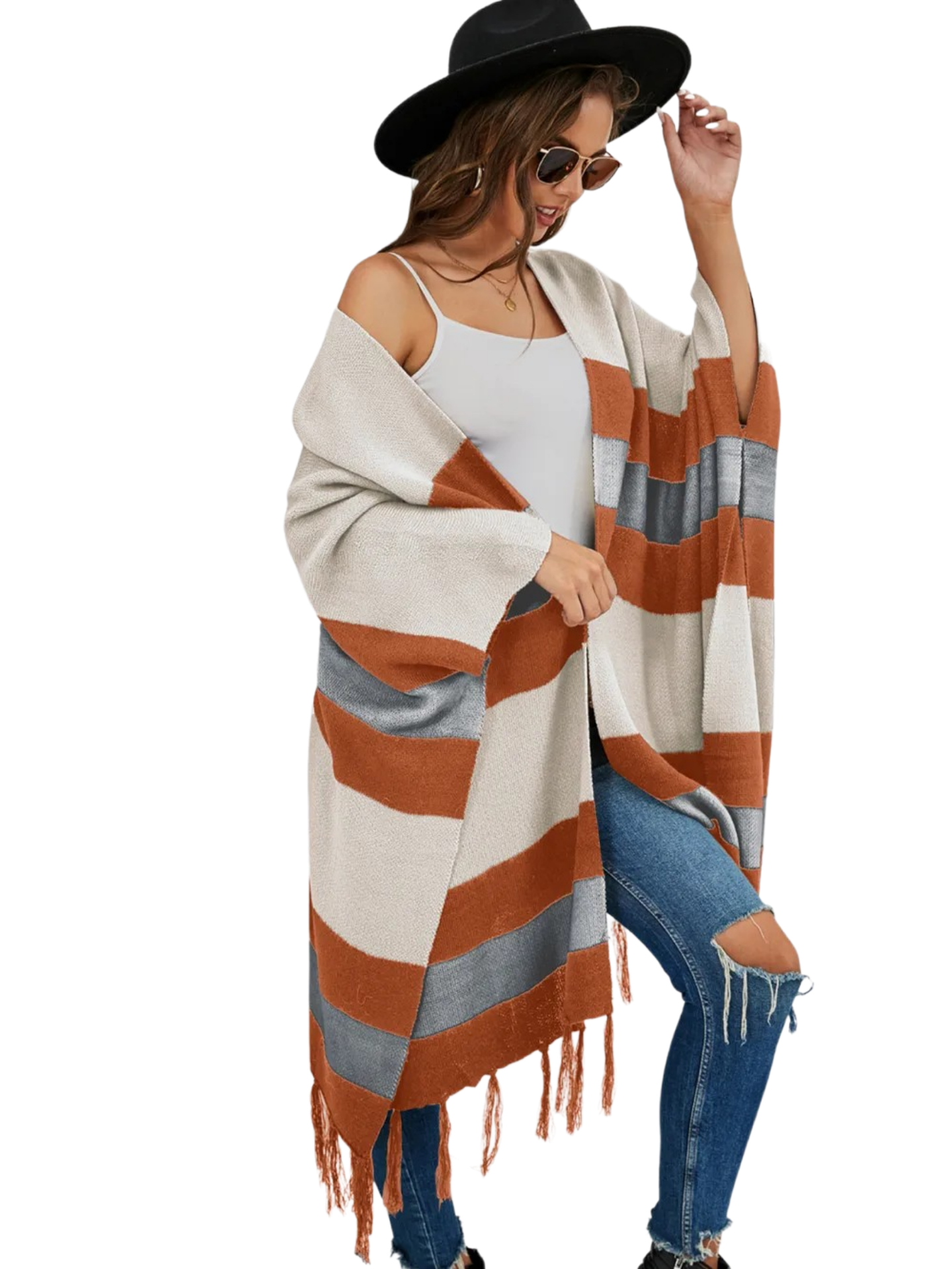 Striped Open Front Fringe Cardigan