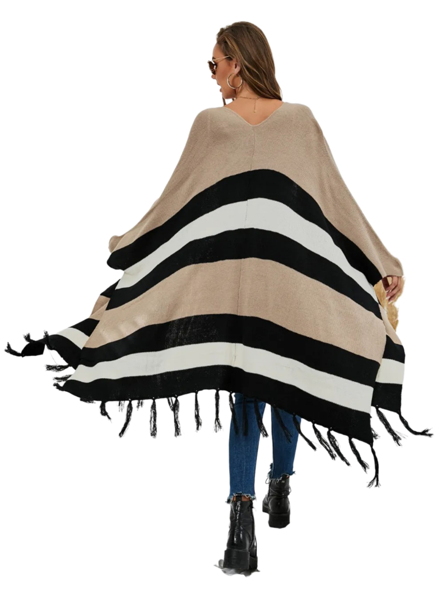 Striped Open Front Fringe Cardigan