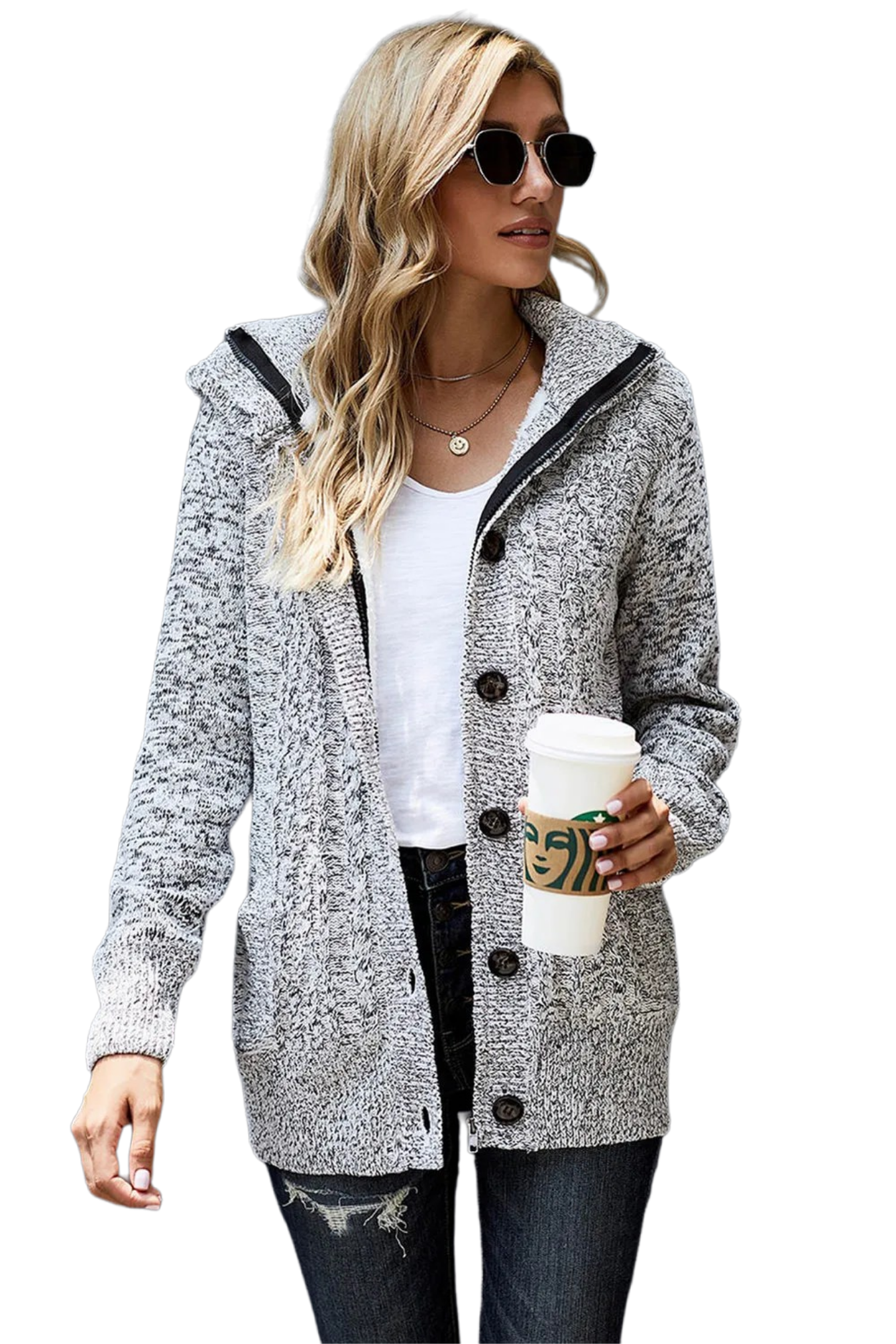 Cable-Knit Fleece Lining Button-Up Hooded Cardigan