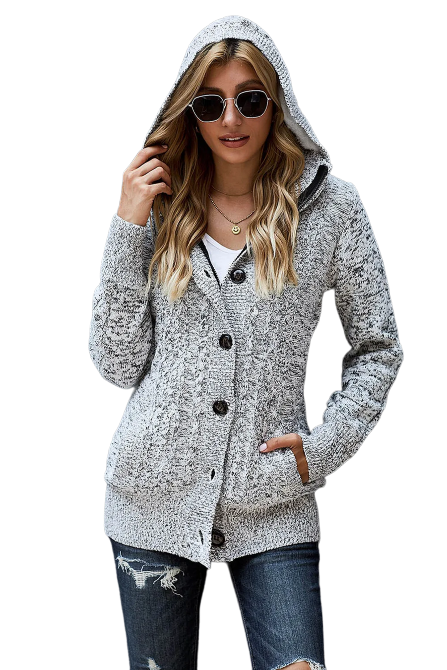 Cable-Knit Fleece Lining Button-Up Hooded Cardigan