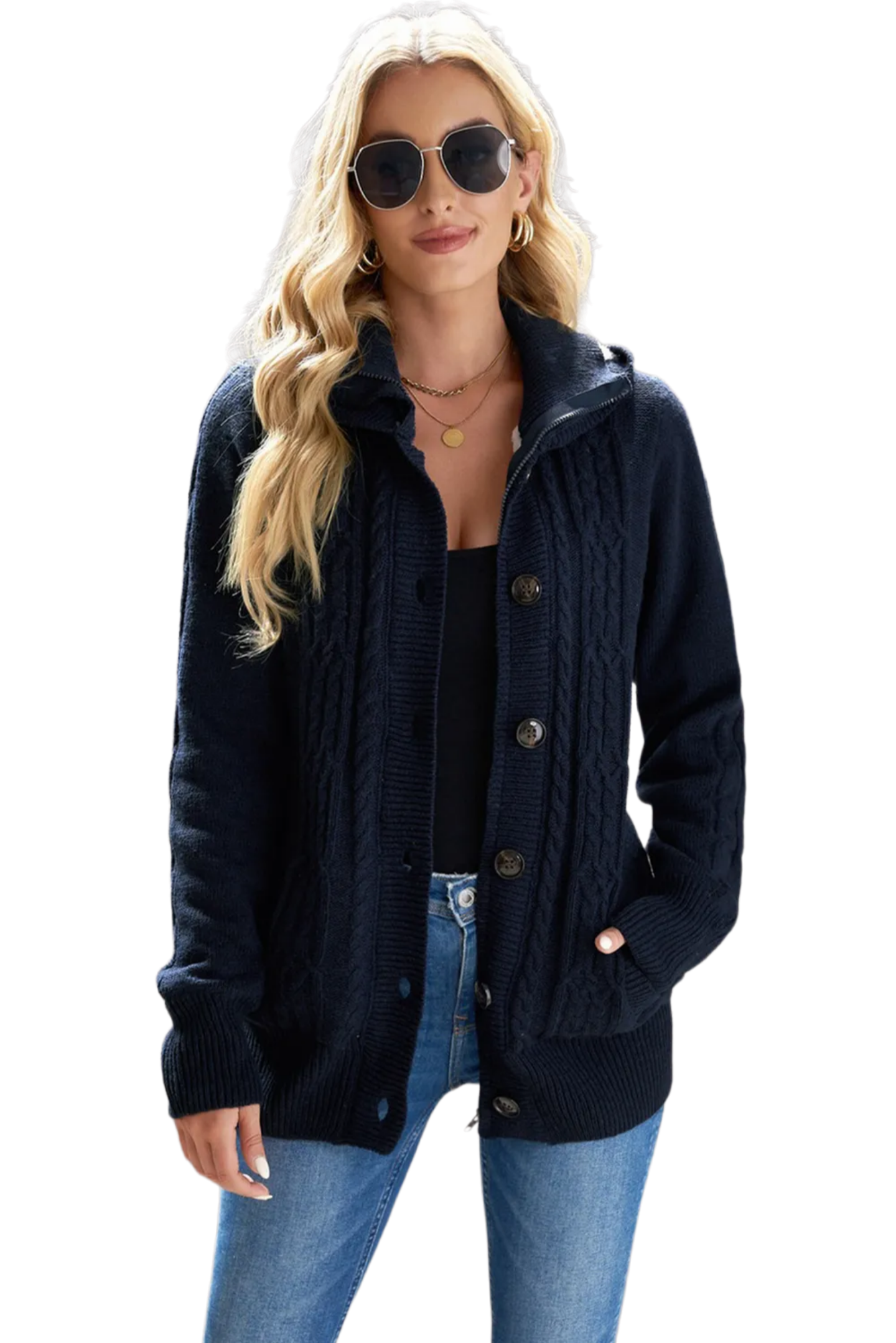 Cable-Knit Fleece Lining Button-Up Hooded Cardigan