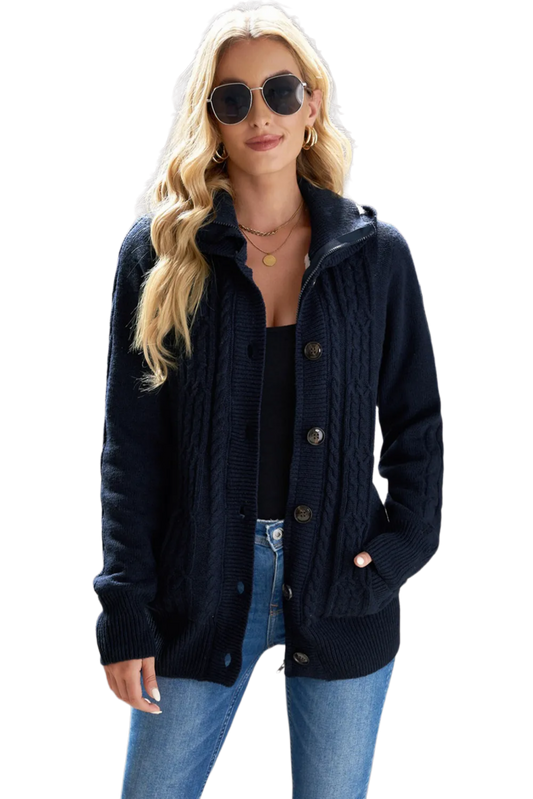 Cable-Knit Fleece Lining Button-Up Hooded Cardigan