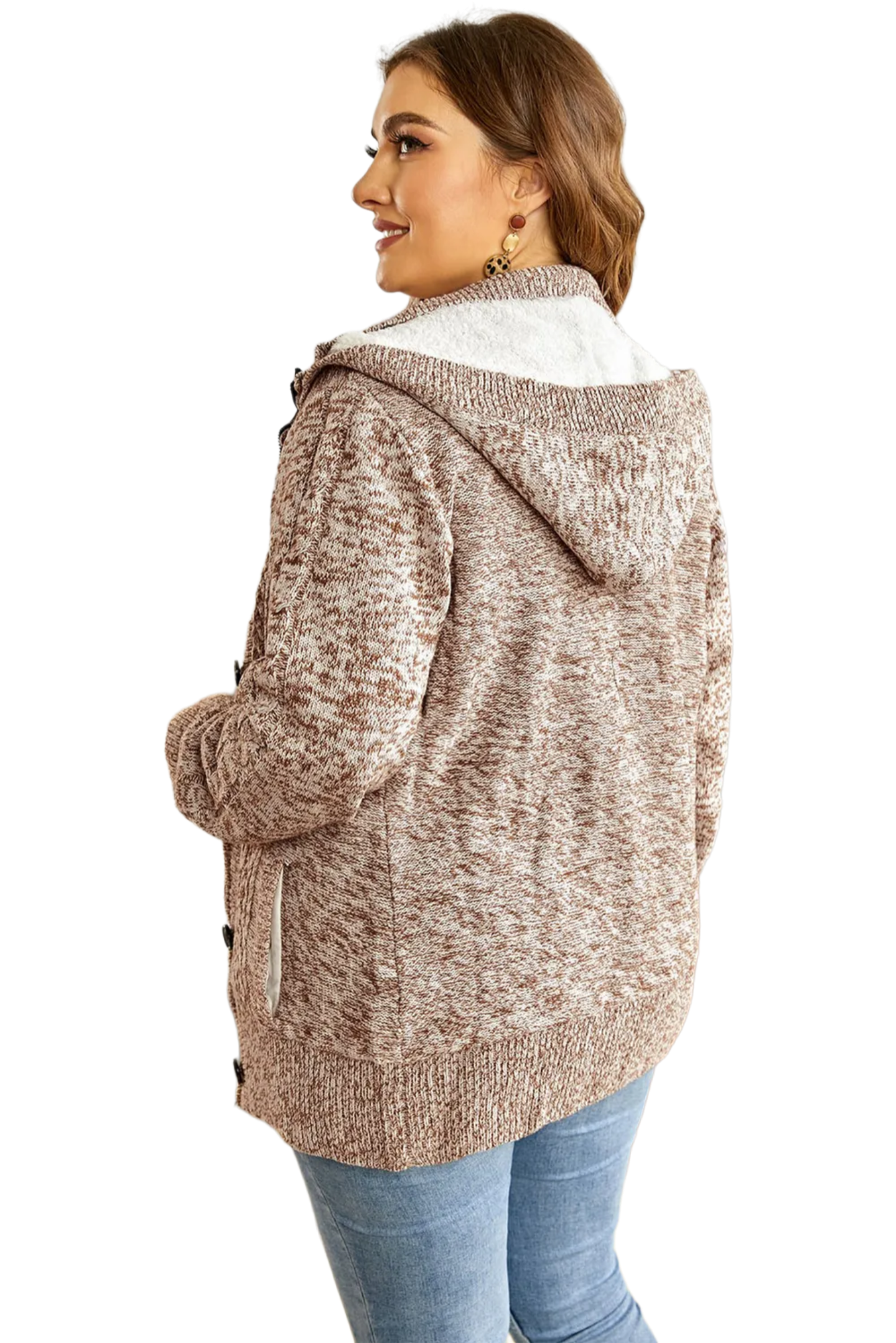 Cable-Knit Fleece Lining Button-Up Hooded Cardigan