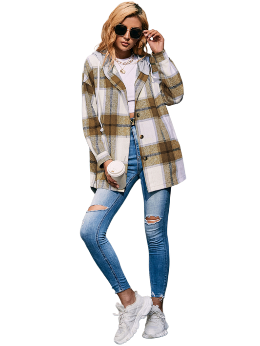 Plaid Dropped Shoulder Hooded Jacket