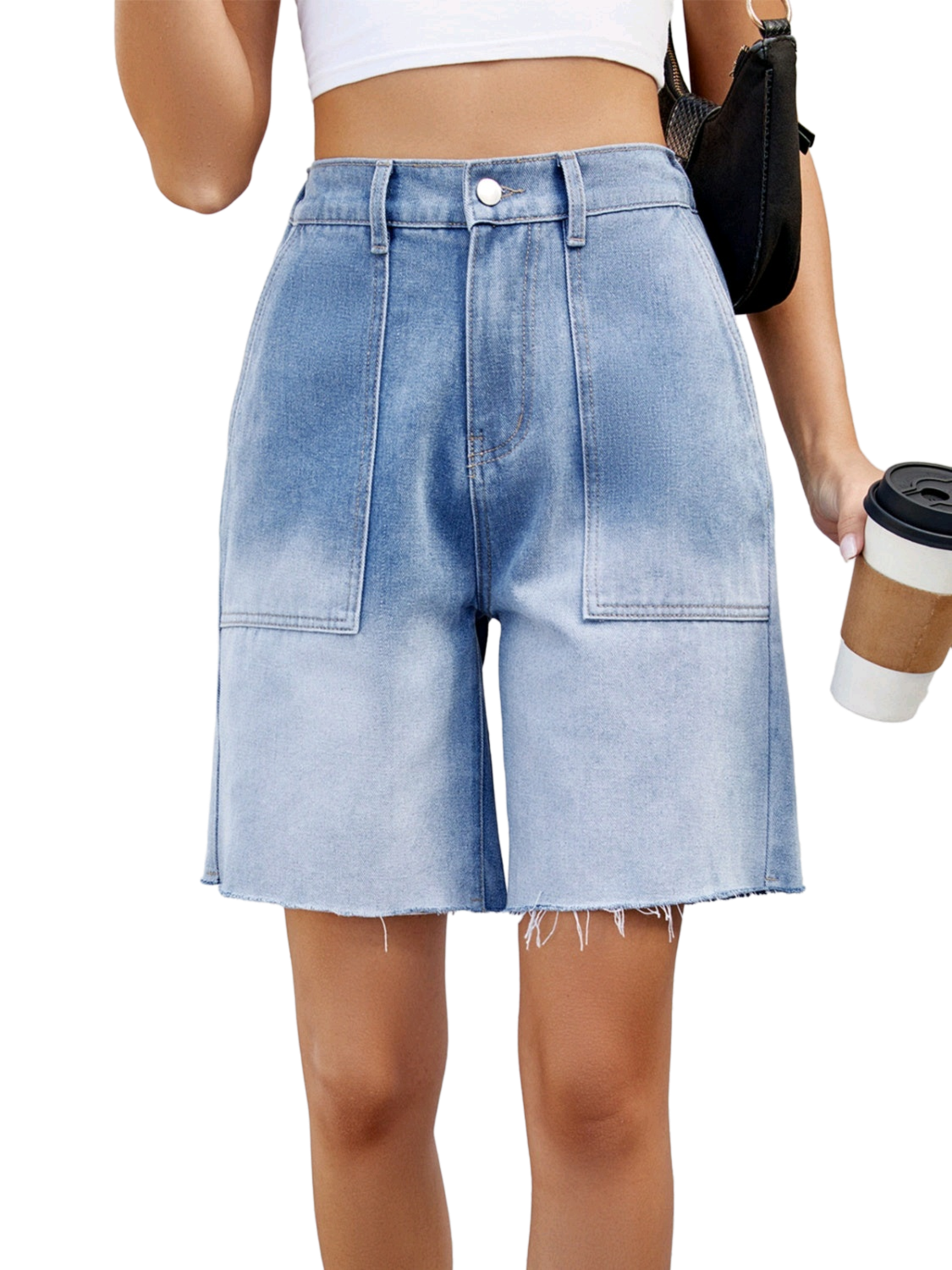 Buttoned Raw Hem Denim Shorts with Pockets