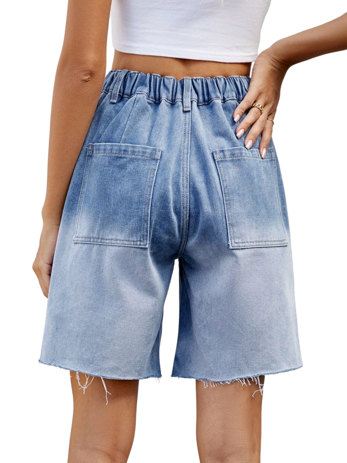 Buttoned Raw Hem Denim Shorts with Pockets