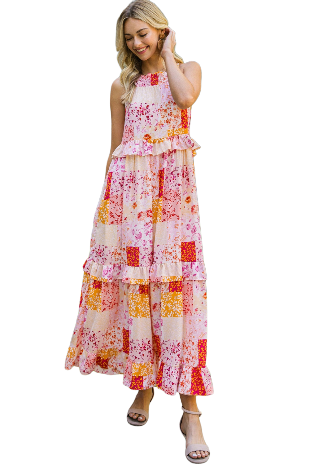 Patchwork Grecian Neck Ruffled Maxi Dress